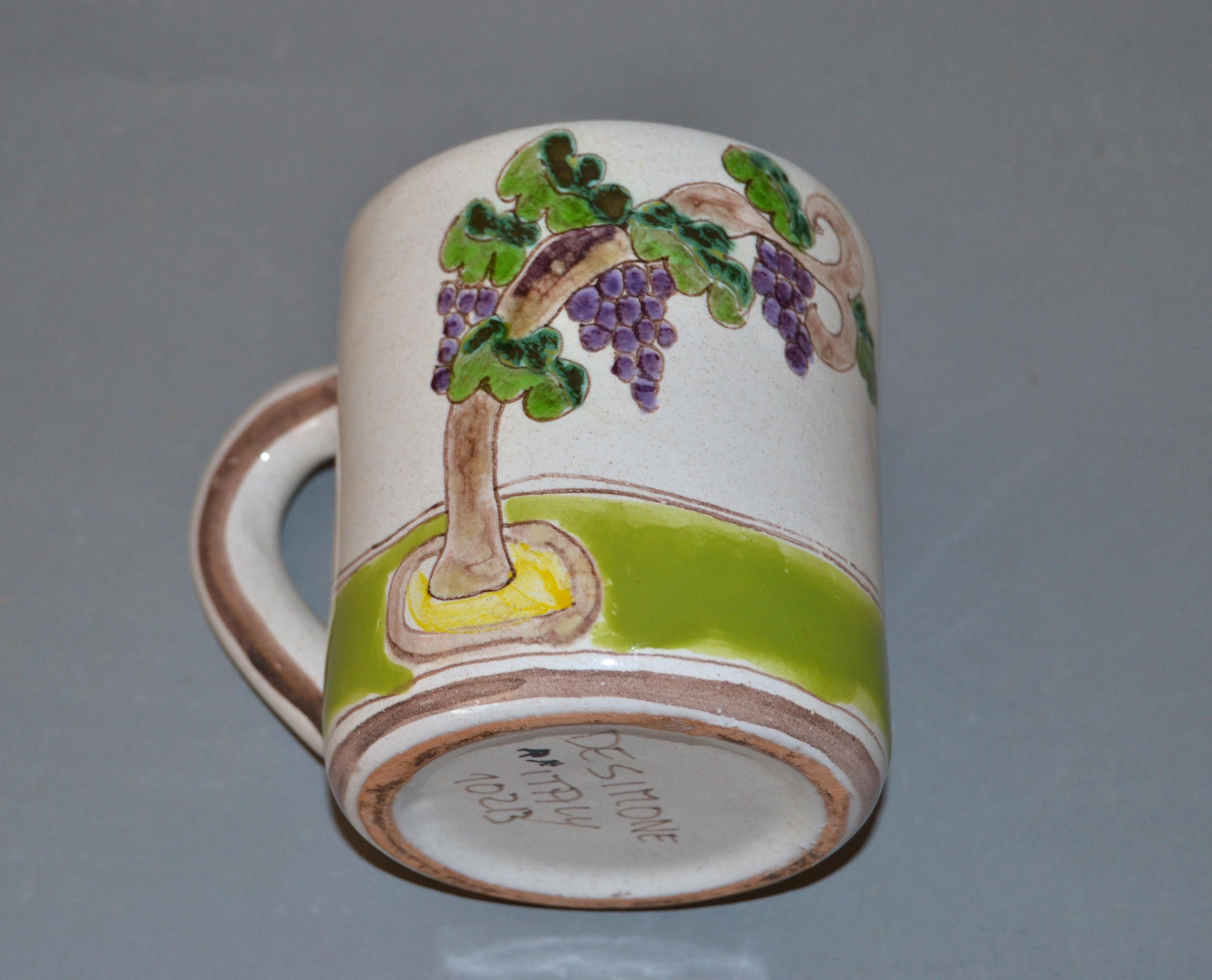 Mid-Century Modern Italian Giovanni Desimone Hand Painted Art Pottery Decor Mug, Cup Grape Picker
