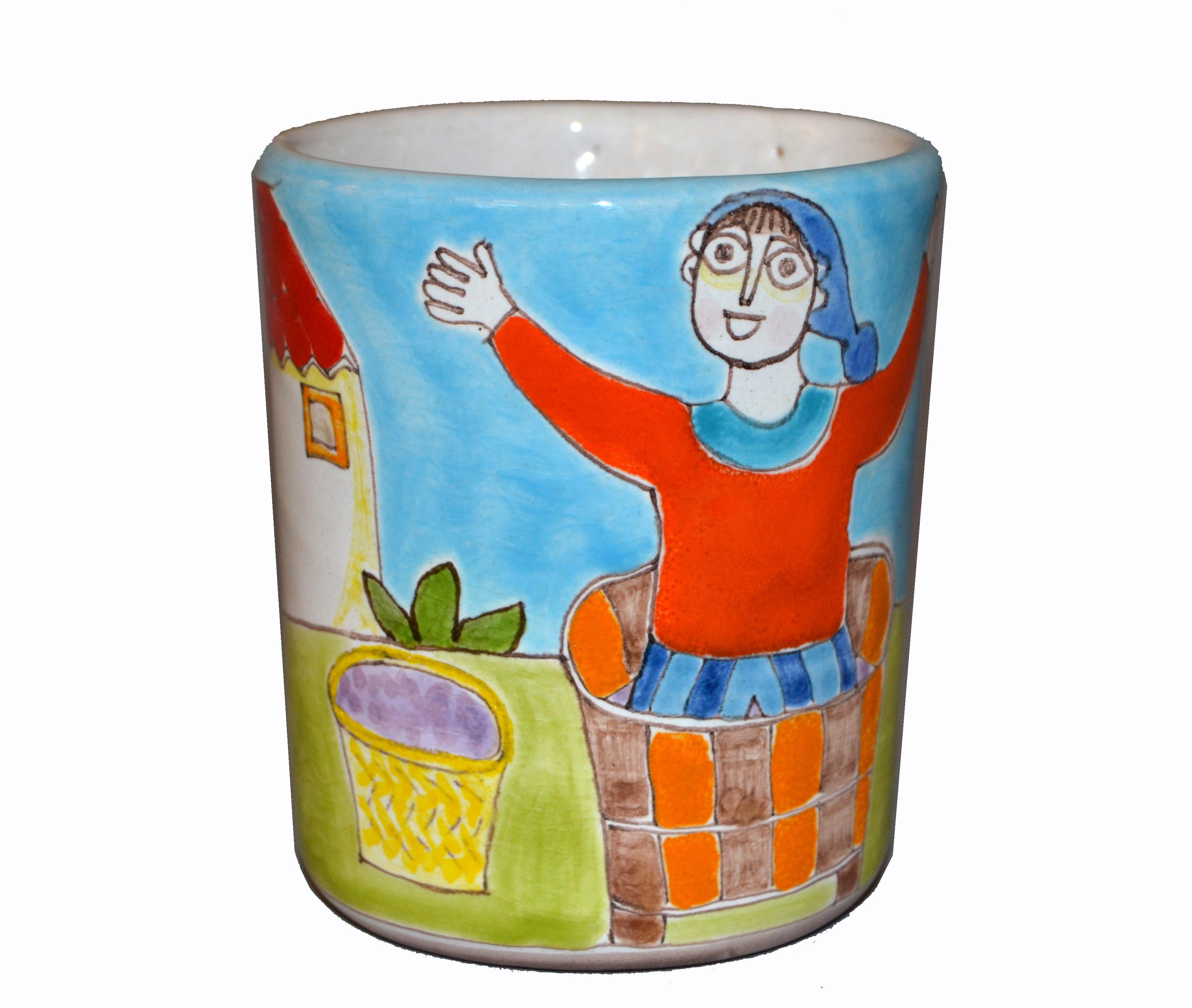 Mid-Century Modern Italian Giovanni DeSimone Hand Painted Art Pottery Decor Mug, Cup Grape Stomper