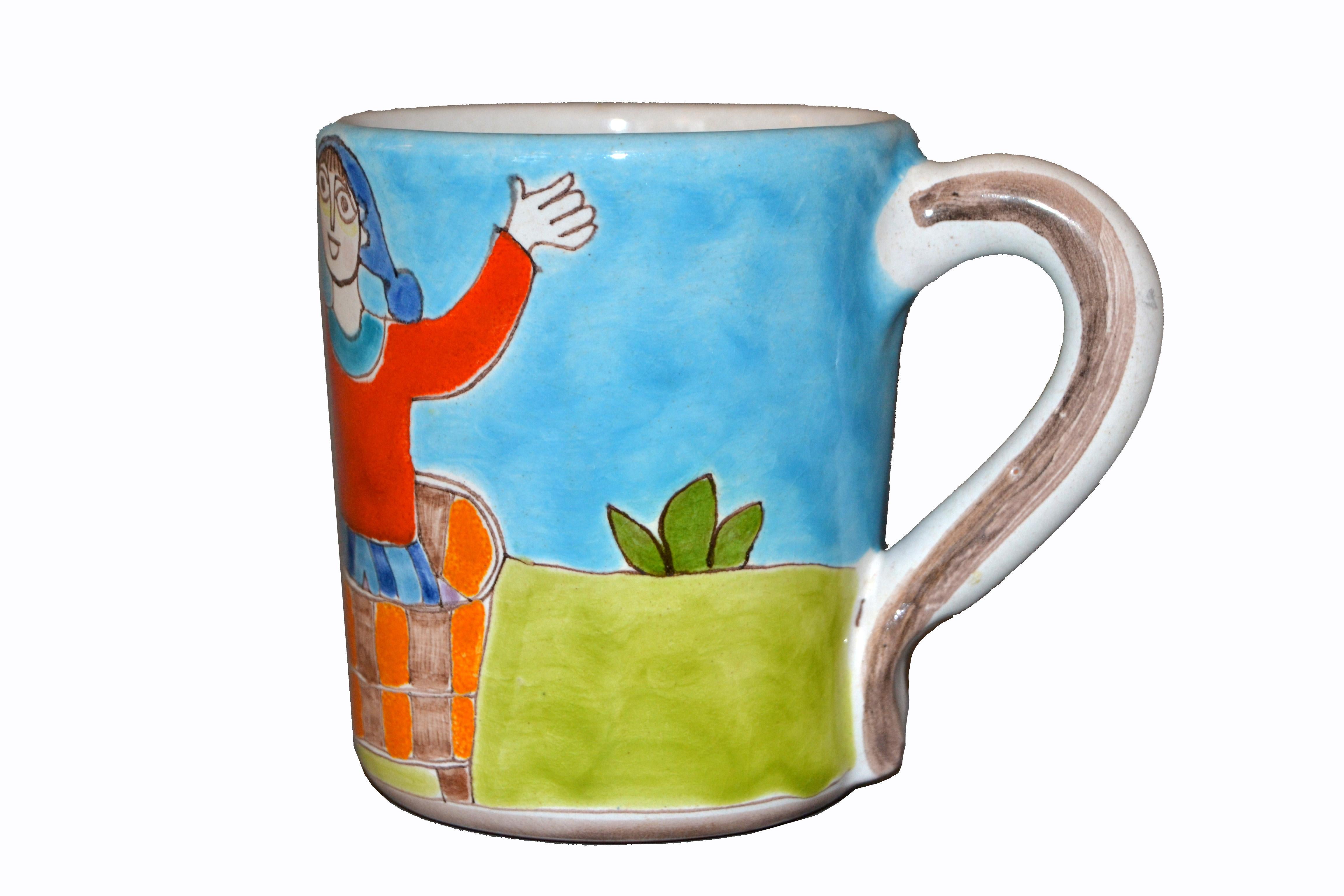 Late 20th Century Italian Giovanni DeSimone Hand Painted Art Pottery Decor Mug, Cup Grape Stomper