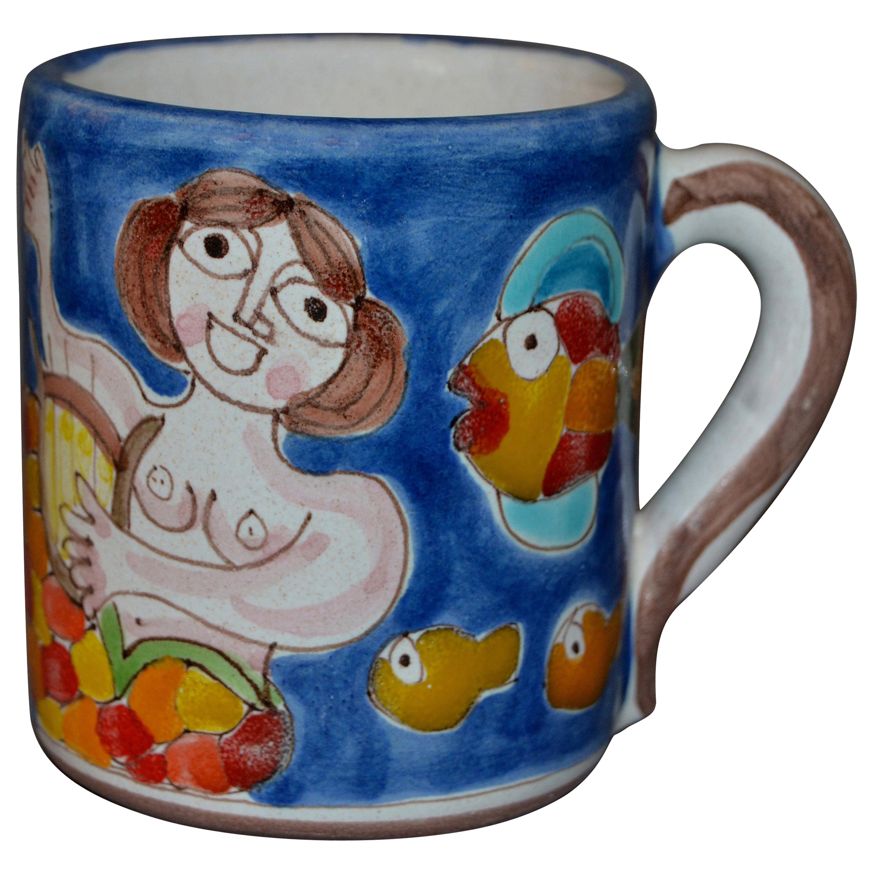 Italian Giovanni Desimone Hand Painted Art Pottery Decor Mug, Cup Mermaid & Harp