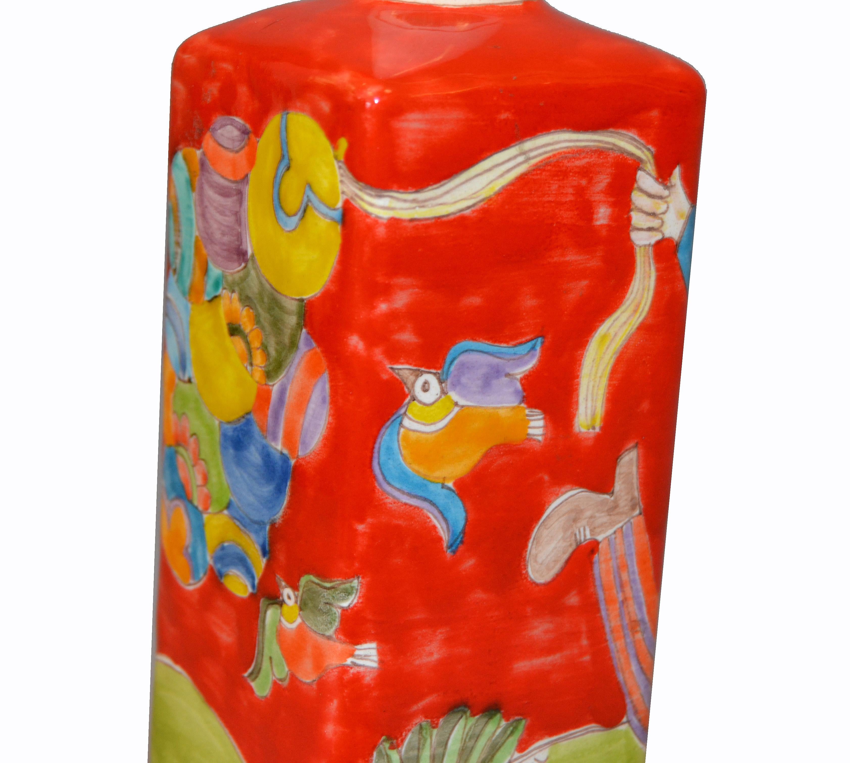 Italian Giovanni Desimone Hand Painted Art Pottery Red & Green Vase, Decanter 3