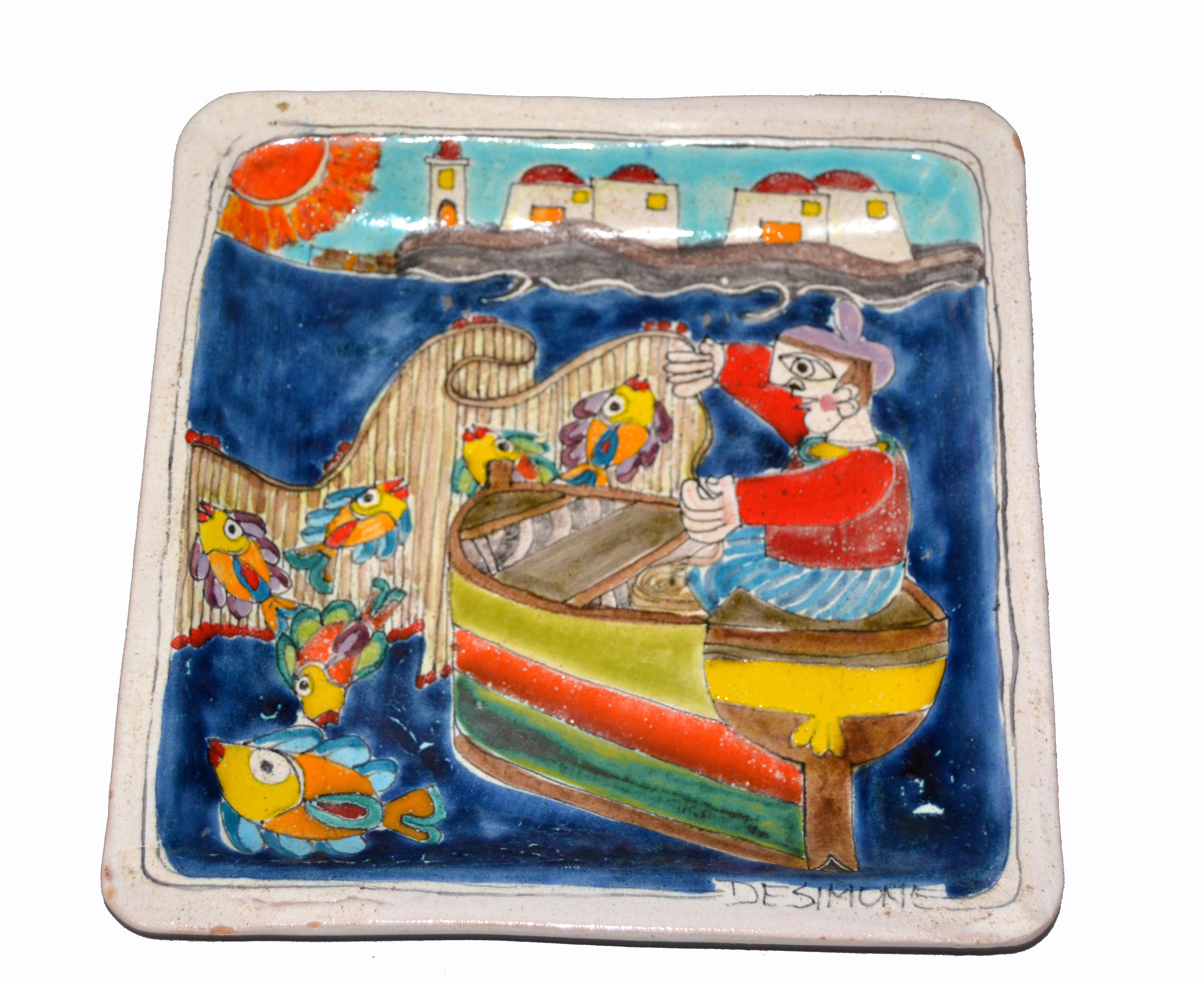 Italian Giovanni Desimone Hand Painted Art Pottery Square Decor Plate, Fisherman 2