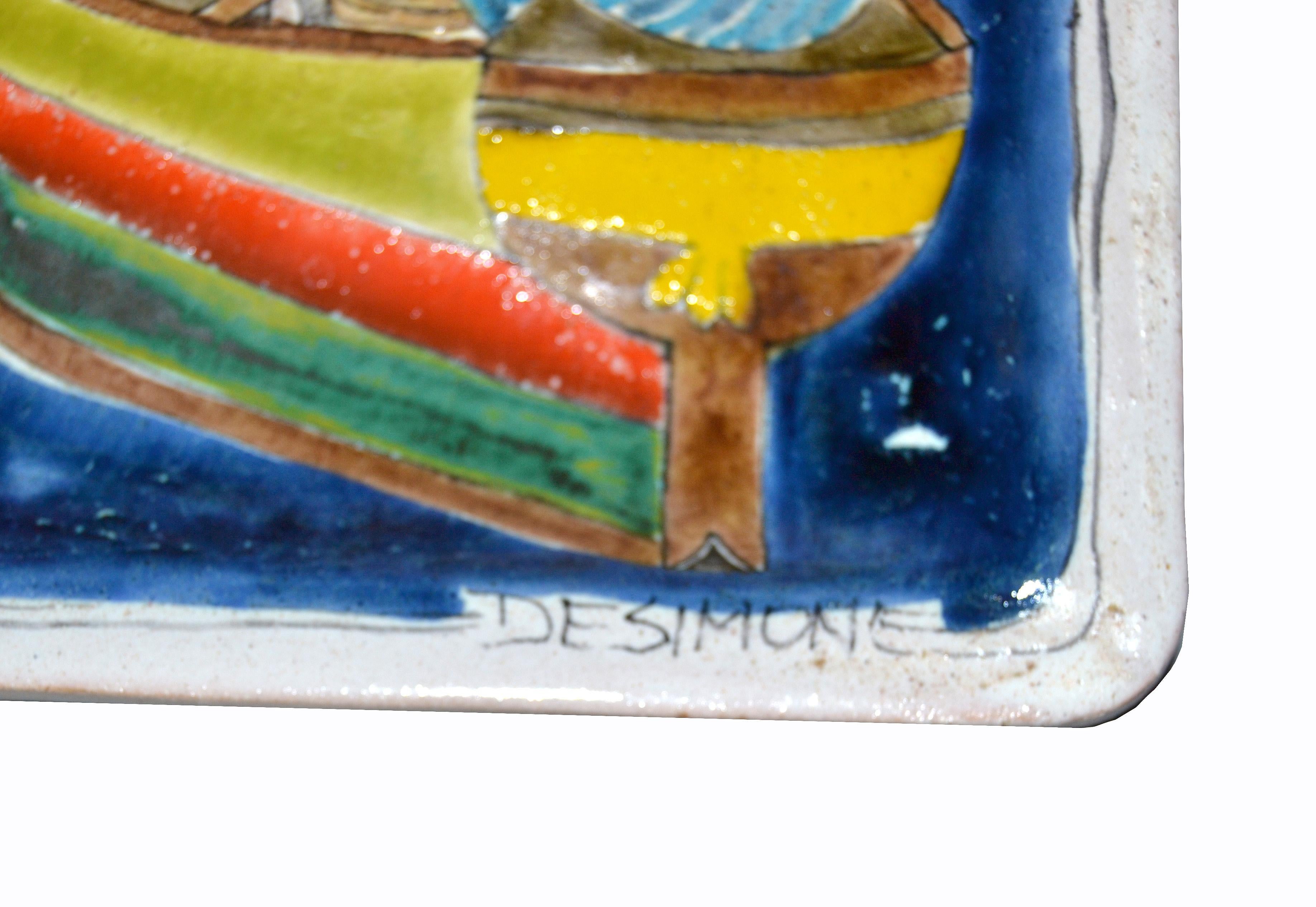 Italian Giovanni Desimone Hand Painted Art Pottery Square Decor Plate, Fisherman In Good Condition In Miami, FL
