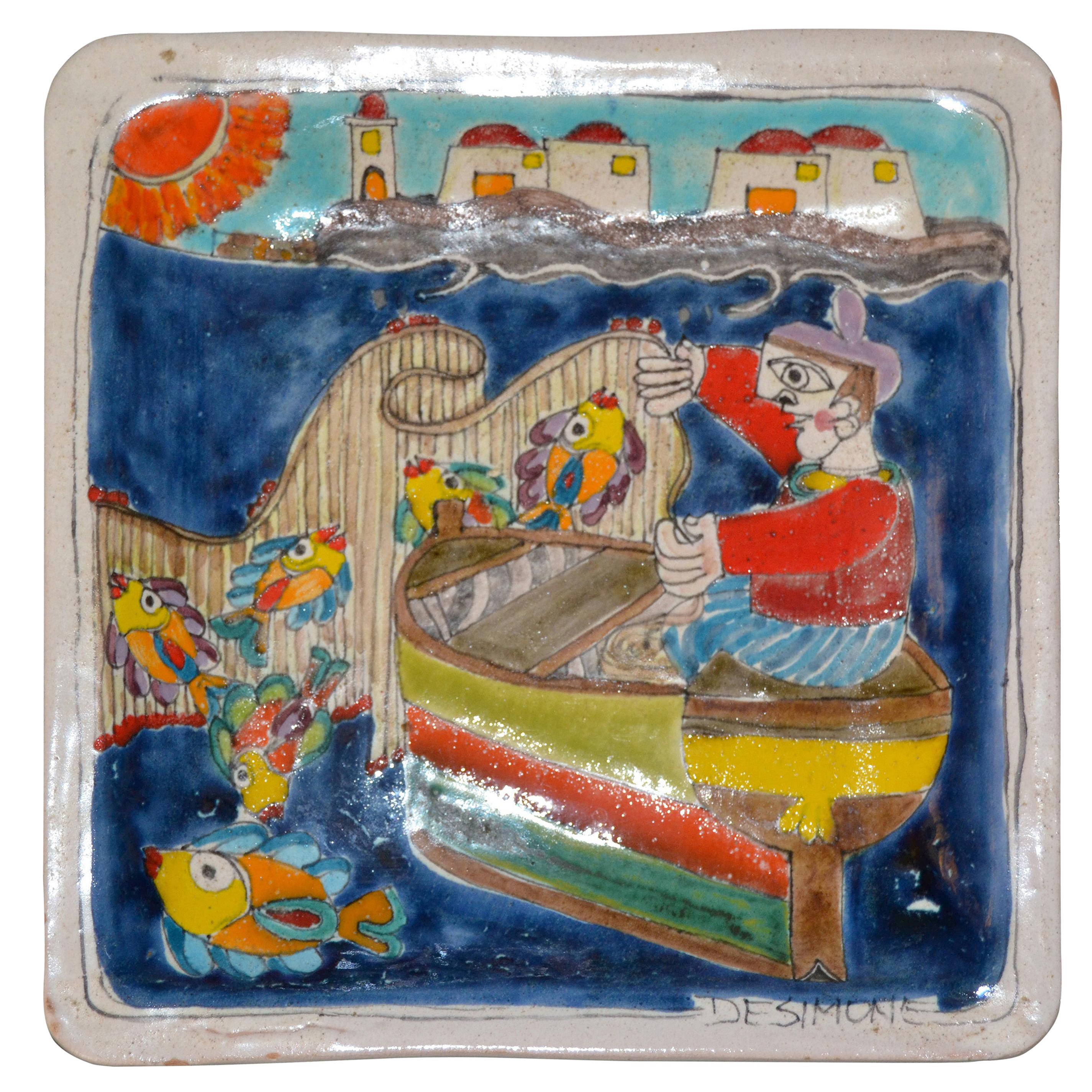 Italian Giovanni Desimone Hand Painted Art Pottery Square Decor Plate, Fisherman