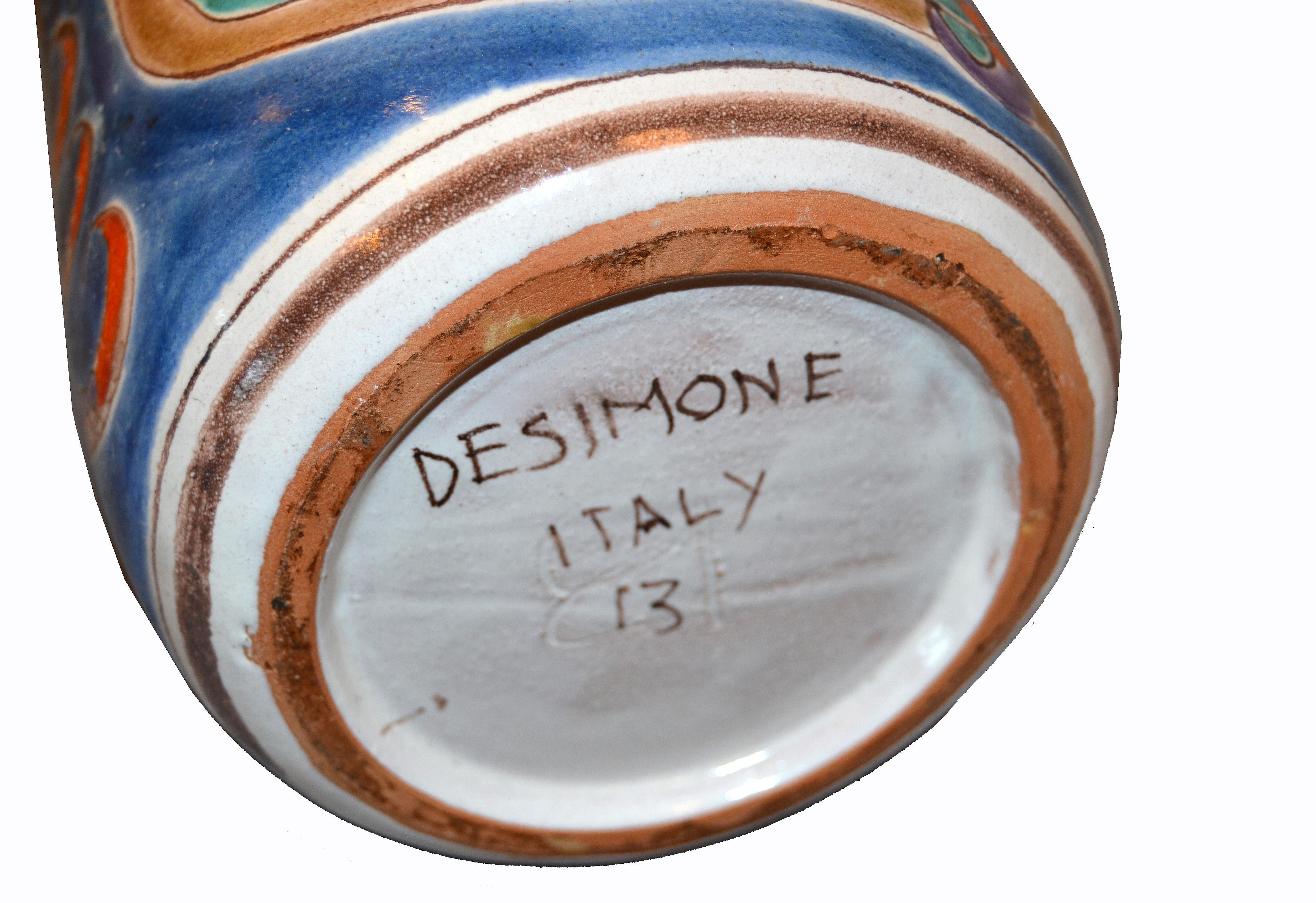 Italian Giovanni Desimone Hand Painted Big Art Pottery Flower Vase Vessel Italy For Sale 5