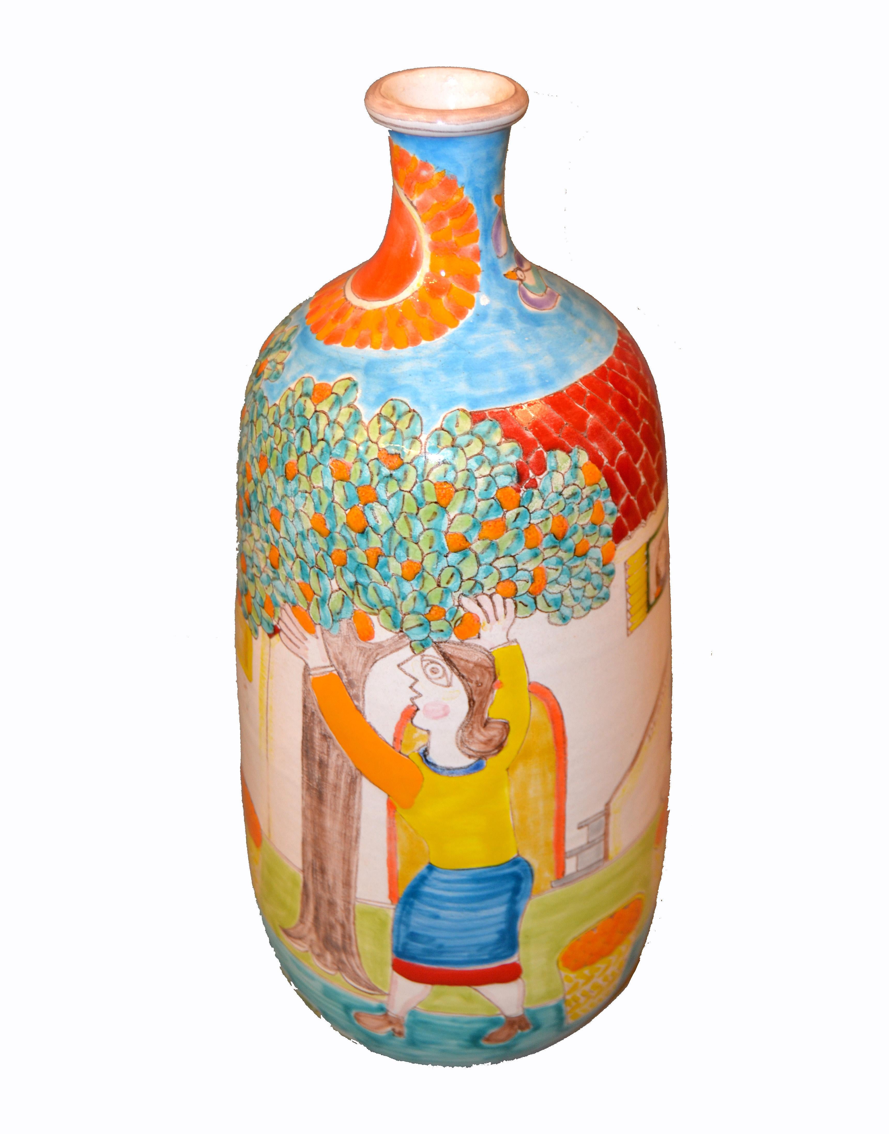 Italian Giovanni Desimone Hand Painted Big Art Pottery Flower Vase, Vessel Italy 3