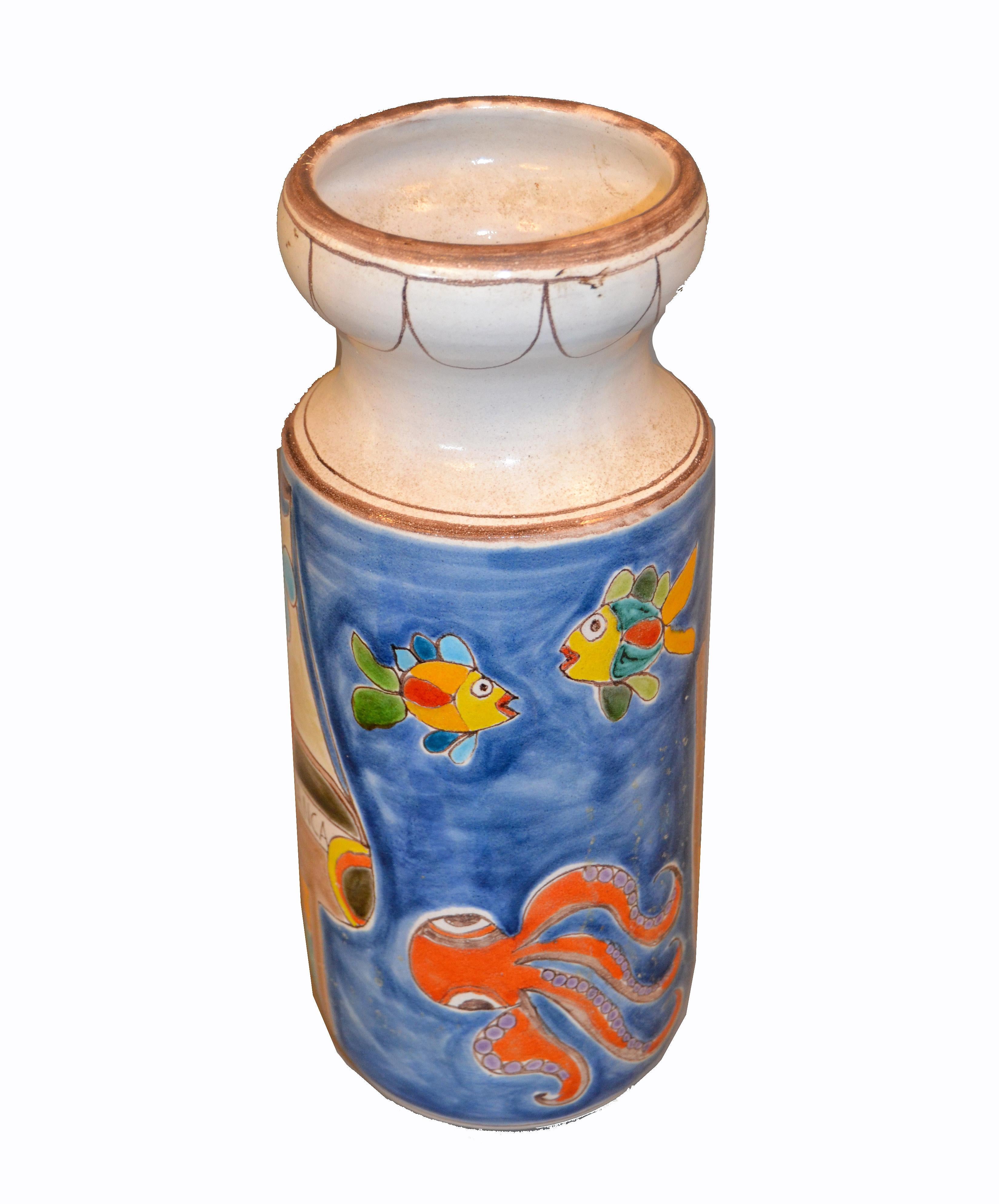 Italian Giovanni Desimone Hand Painted Big Art Pottery Flower Vase Vessel Italy In Good Condition For Sale In Miami, FL