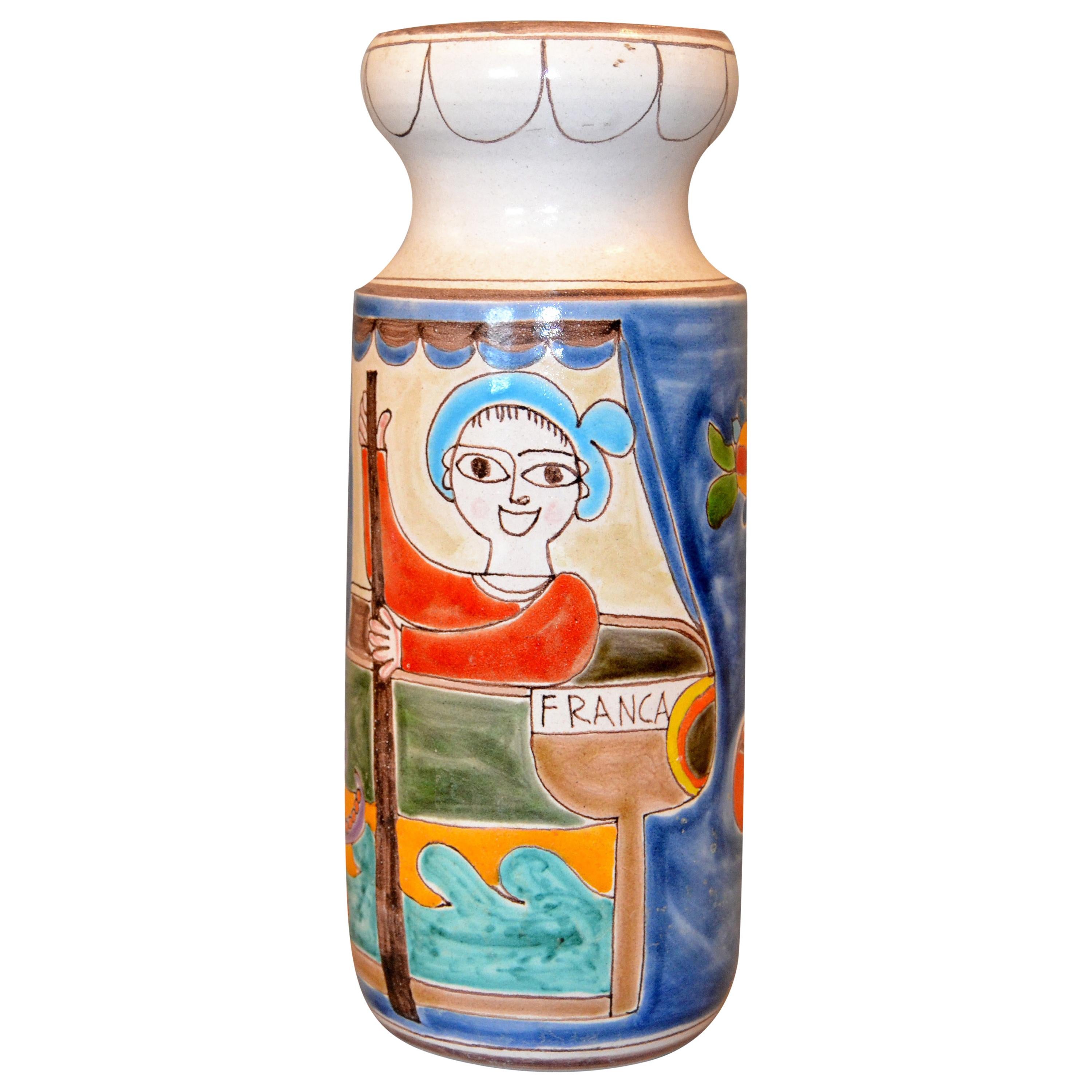 Giovanni DeSimone, grande vaso in ceramica d'arte dipinto a mano, vaso di fiori, Italia
