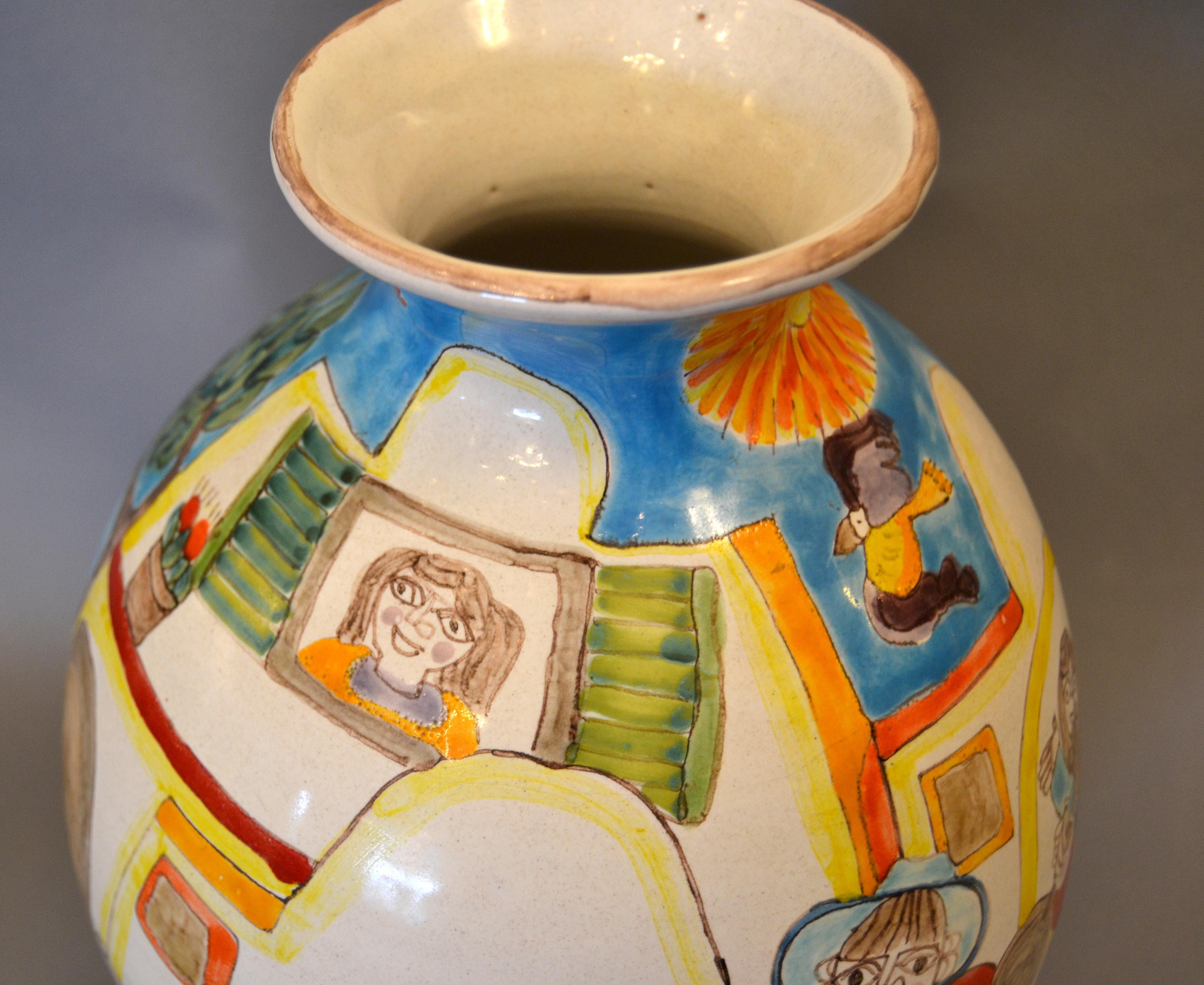 Italian Giovanni Desimone Hand Painted Big Art Pottery Orange Picking Vase Italy 2