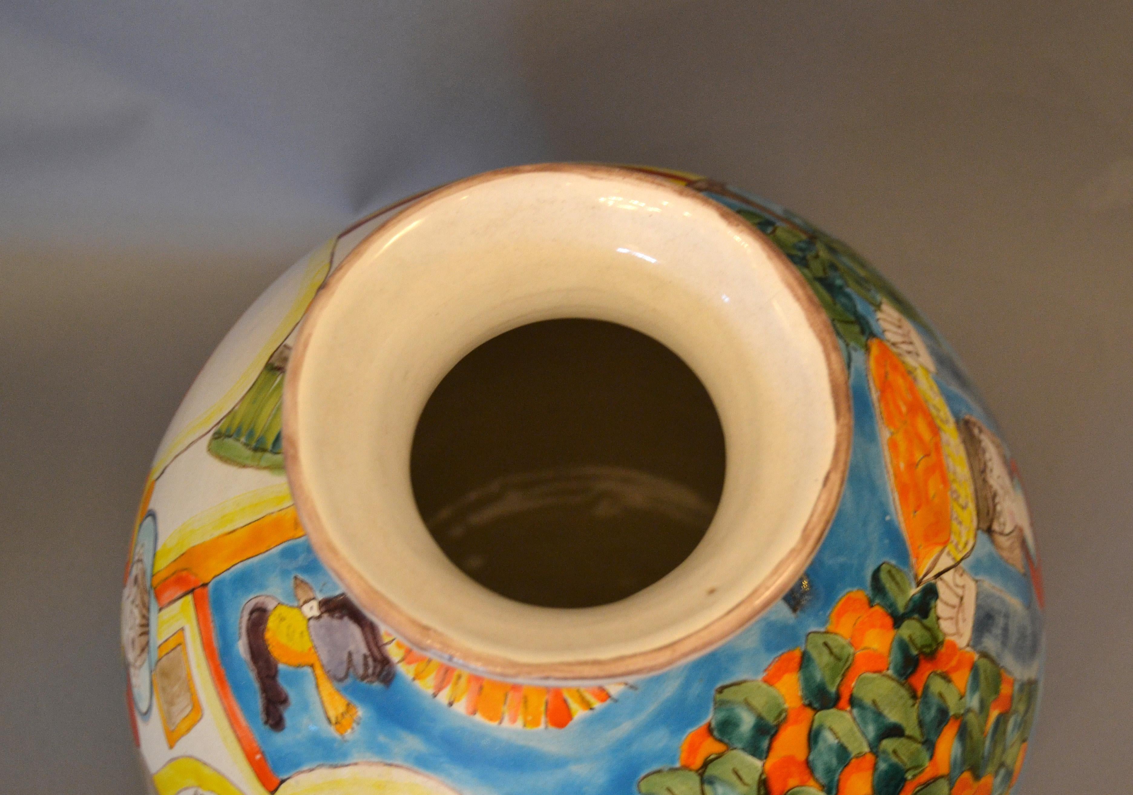 Italian Giovanni Desimone Hand Painted Big Art Pottery Orange Picking Vase Italy 3