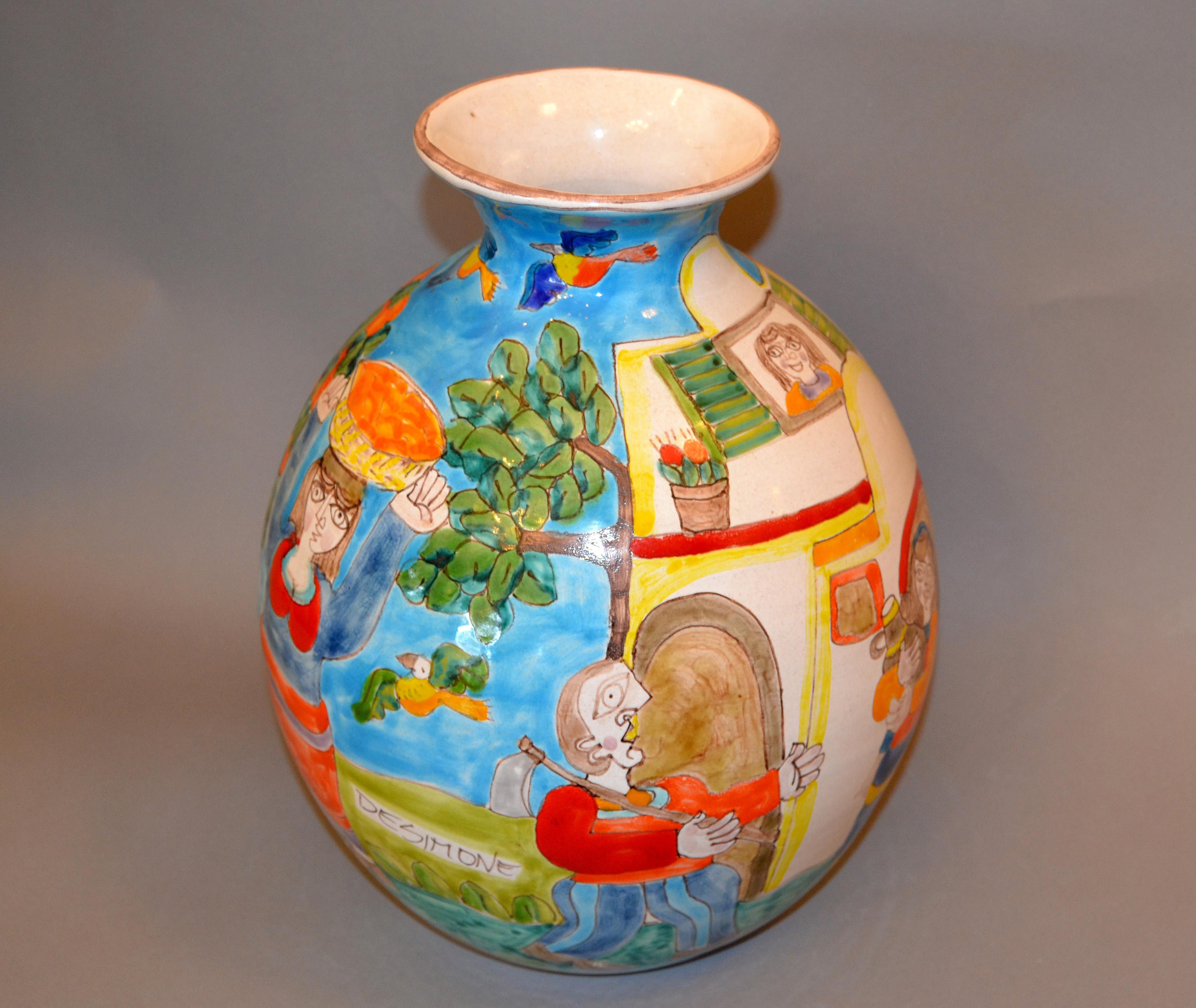 Italian Giovanni Desimone Hand Painted Big Art Pottery Orange Picking Vase Italy 8