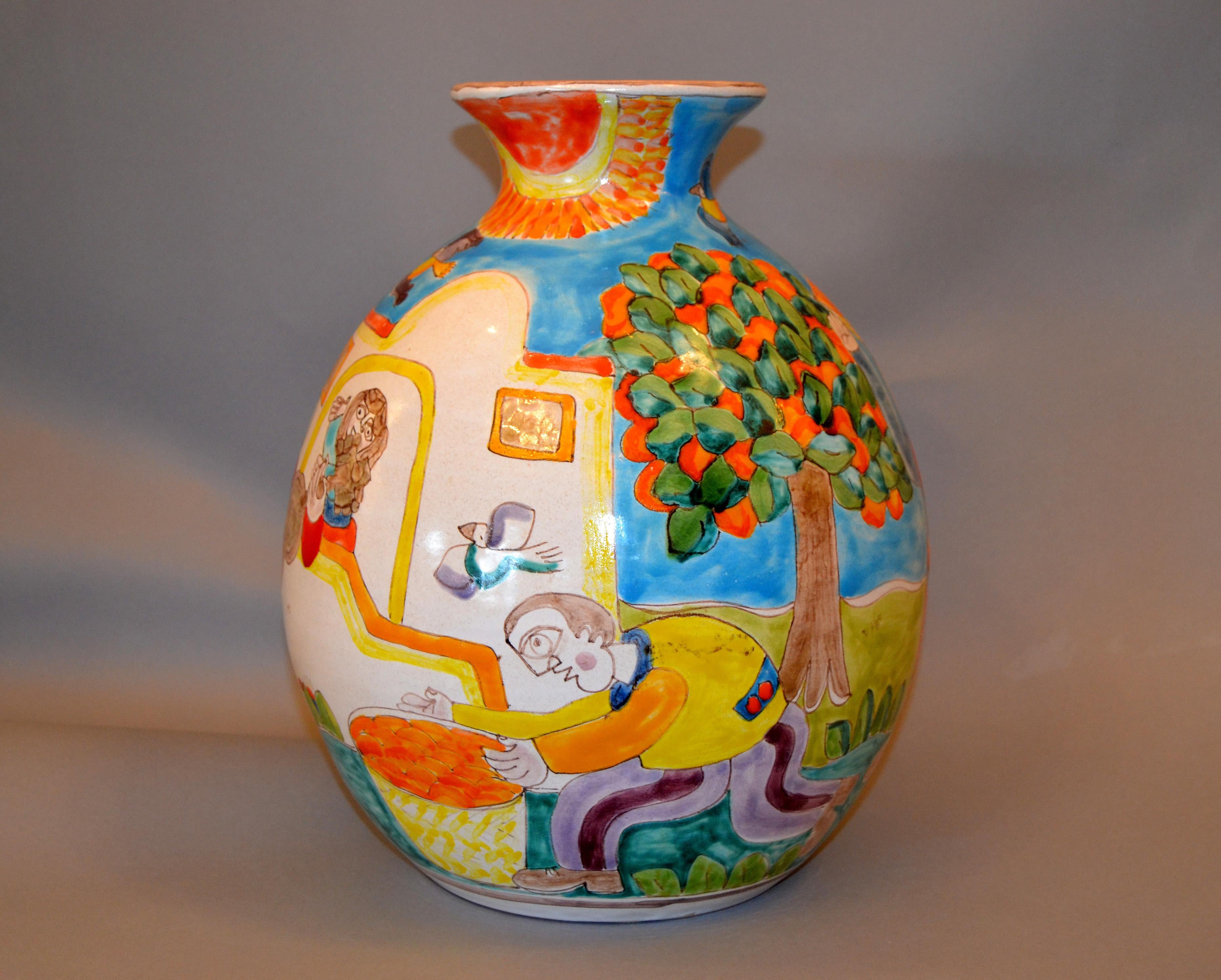 Original Italian Giovanni Desimone hand painted large art pottery flower vase, vessel.
The glazed vase painting depicts orange picking and harvest festival.
DeSimone Mark around the belly of the vase & marked and numbered on underside, 'DeSimone,