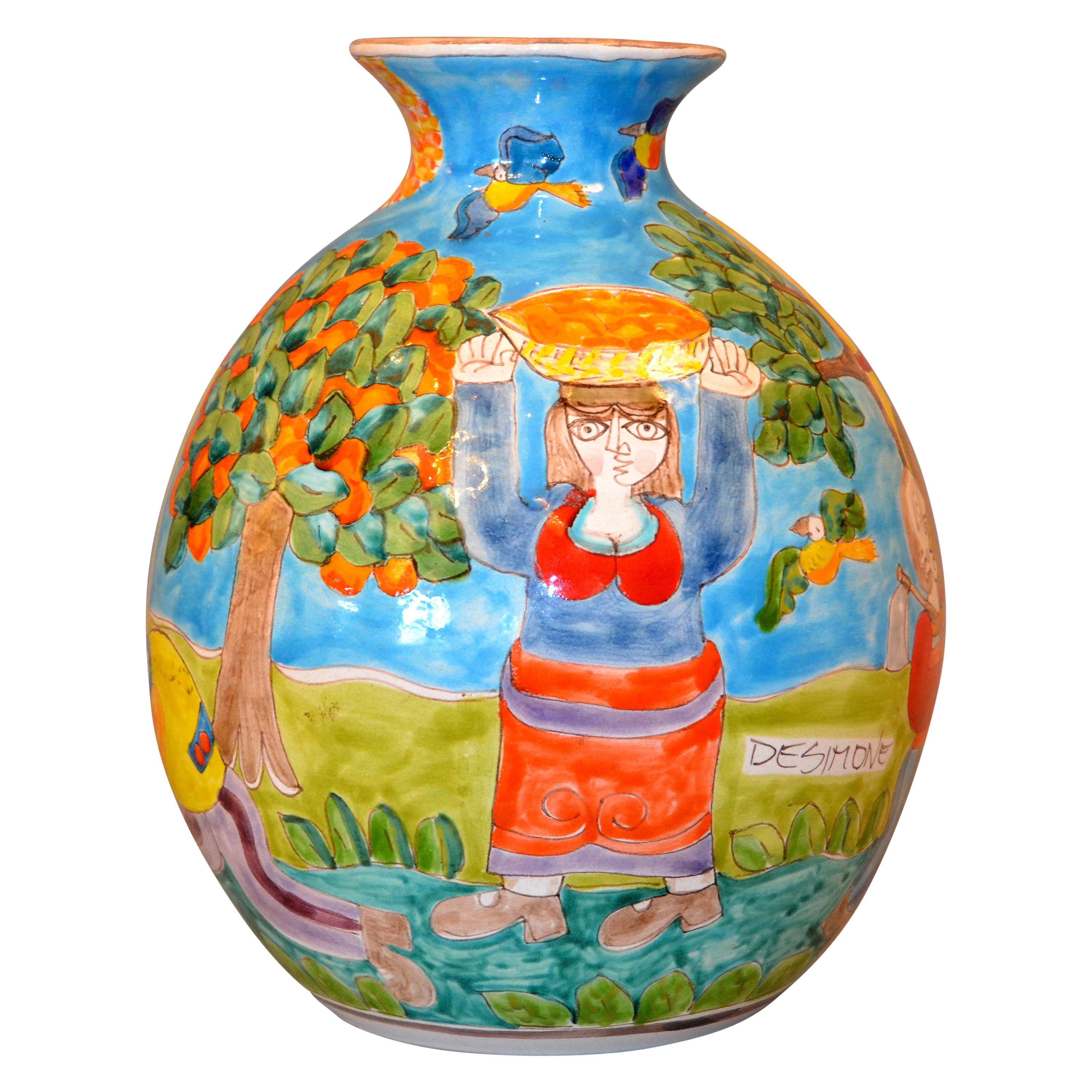 Italian Giovanni Desimone Hand Painted Big Art Pottery Orange Picking Vase Italy
