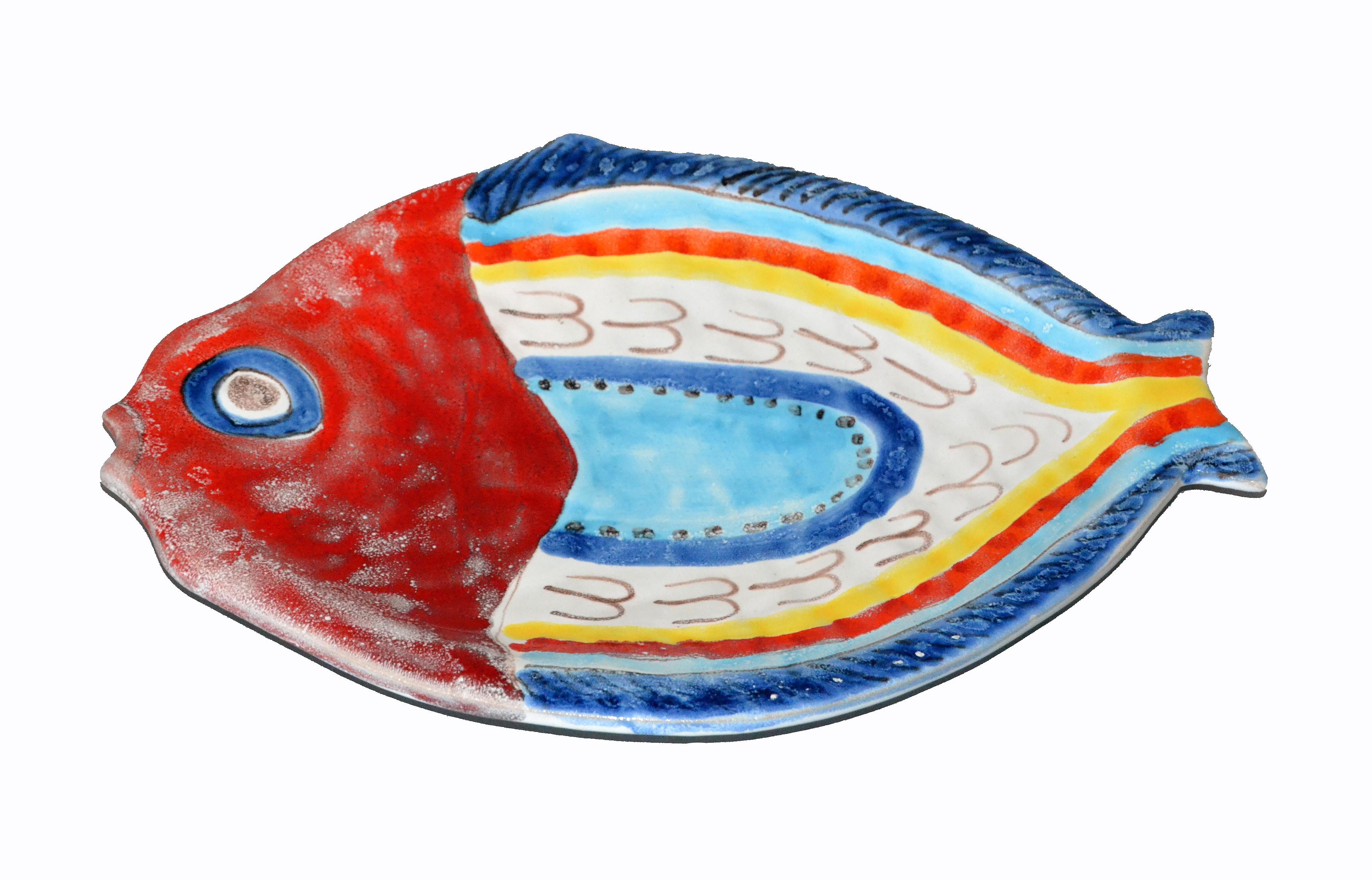 Modern Italian Giovanni Desimone Hand Painted Pottery Fish Platter Serving Plate For Sale
