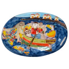 Italian Giovanni Desimone Hand Painted Pottery, Oval Wall Decor Plate, Fishermen