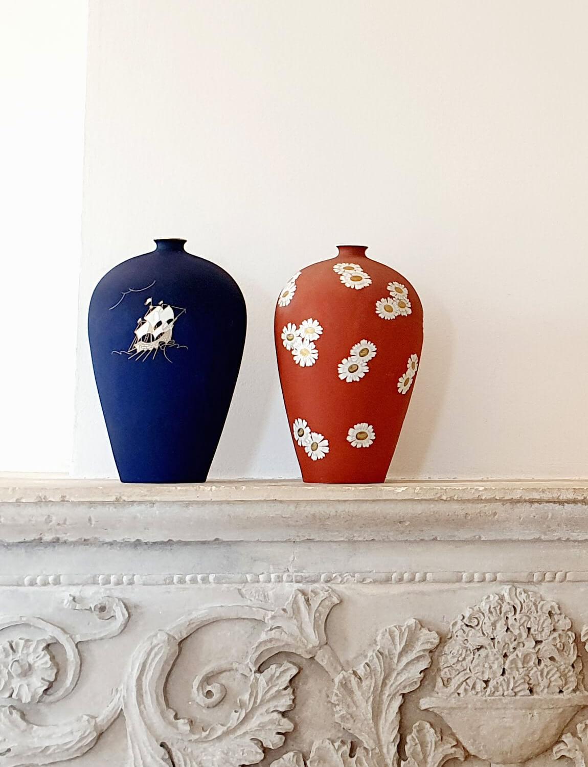 Ceramic Italian Giovanni Gariboldi for Richard Ginori 1930s Signed Blue Vase with Ship
