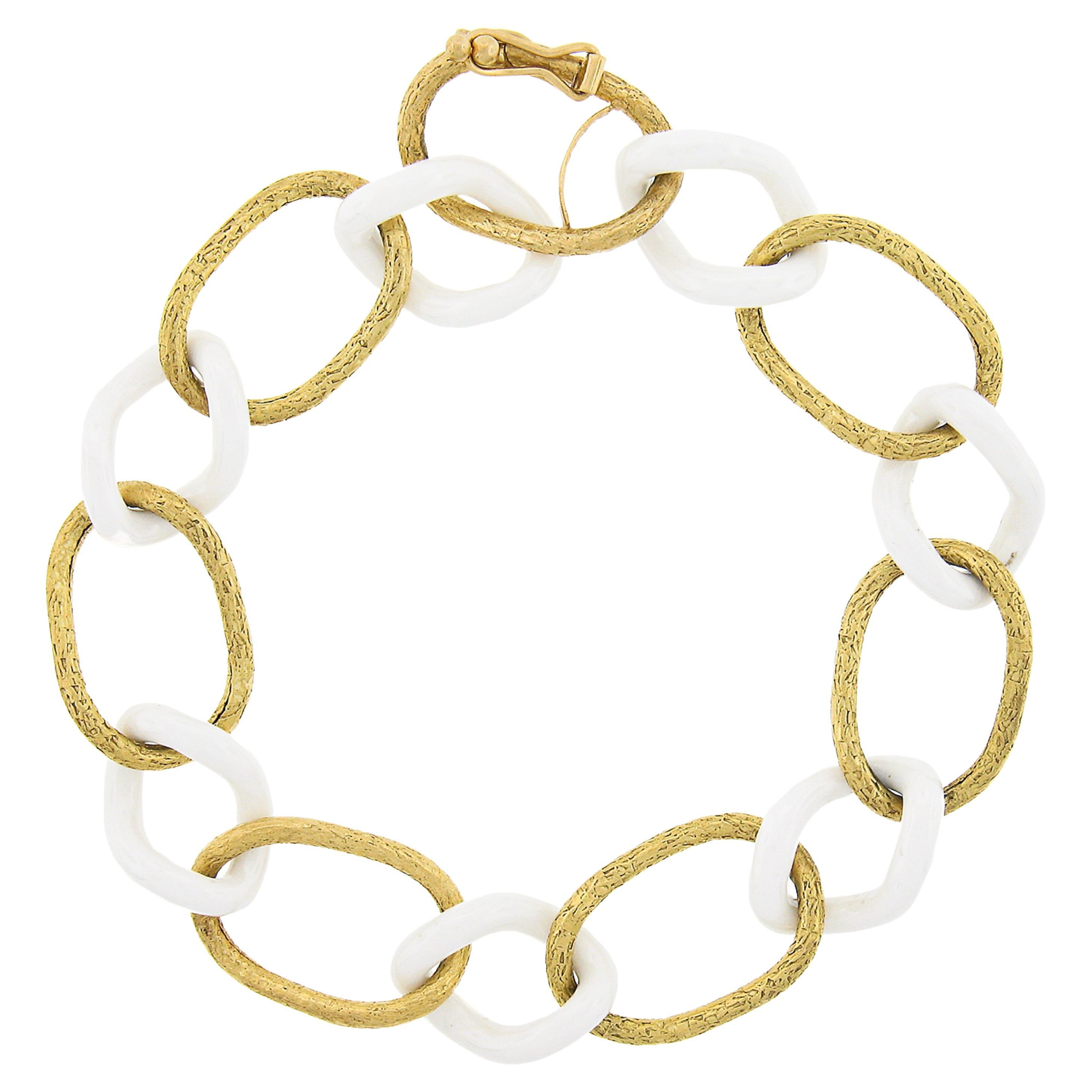 Italian Giovanni Marchiso White Ceramic & 18k Gold Textured Link Chain Bracelet