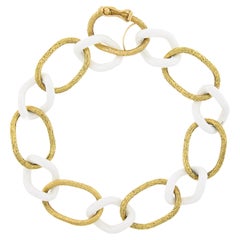 Vintage Italian Giovanni Marchiso White Ceramic & 18k Gold Textured Link Chain Bracelet
