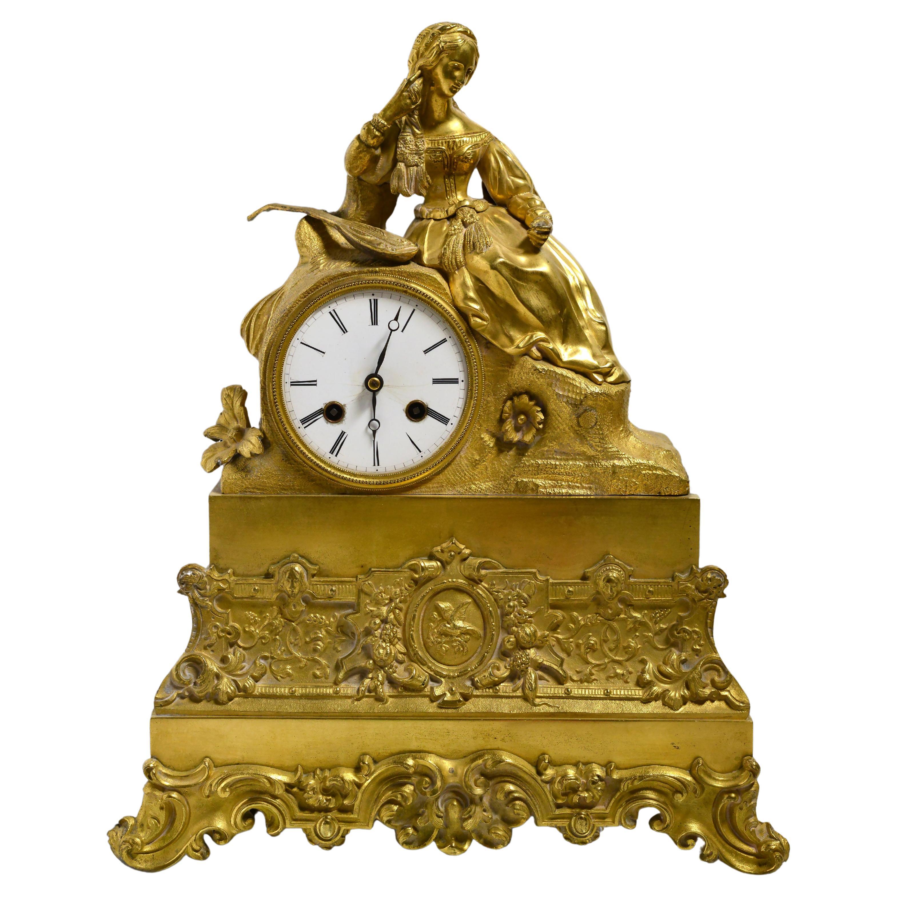 Italian Girl with Mandolin French Gilt Bronze Figural Clock 19th century For Sale