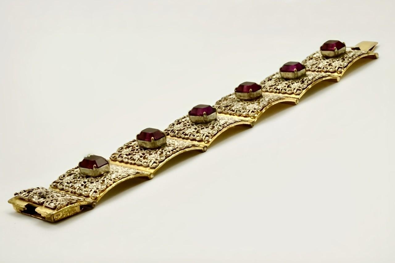 Women's or Men's Italian Giuliano Fratti GM Gold Plated Filigree Bracelet with Mauve Glass Stones For Sale