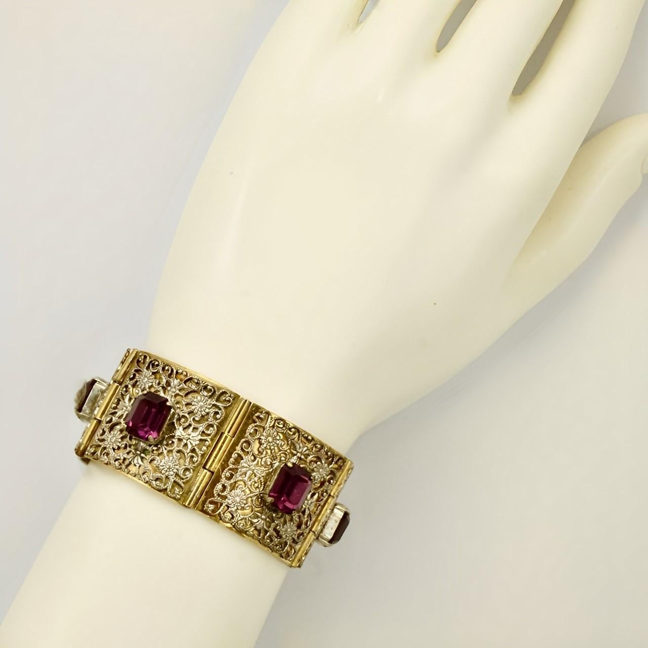 Italian Giuliano Fratti GM Gold Plated Filigree Bracelet with Mauve Glass Stones For Sale 1