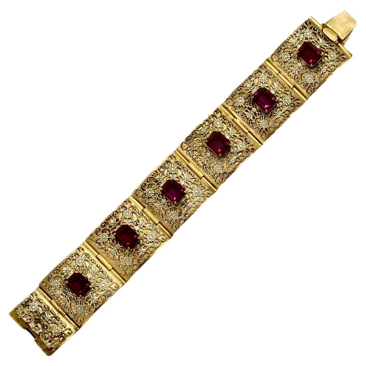 Italian Giuliano Fratti GM Gold Plated Filigree Bracelet with Mauve Glass Stones For Sale