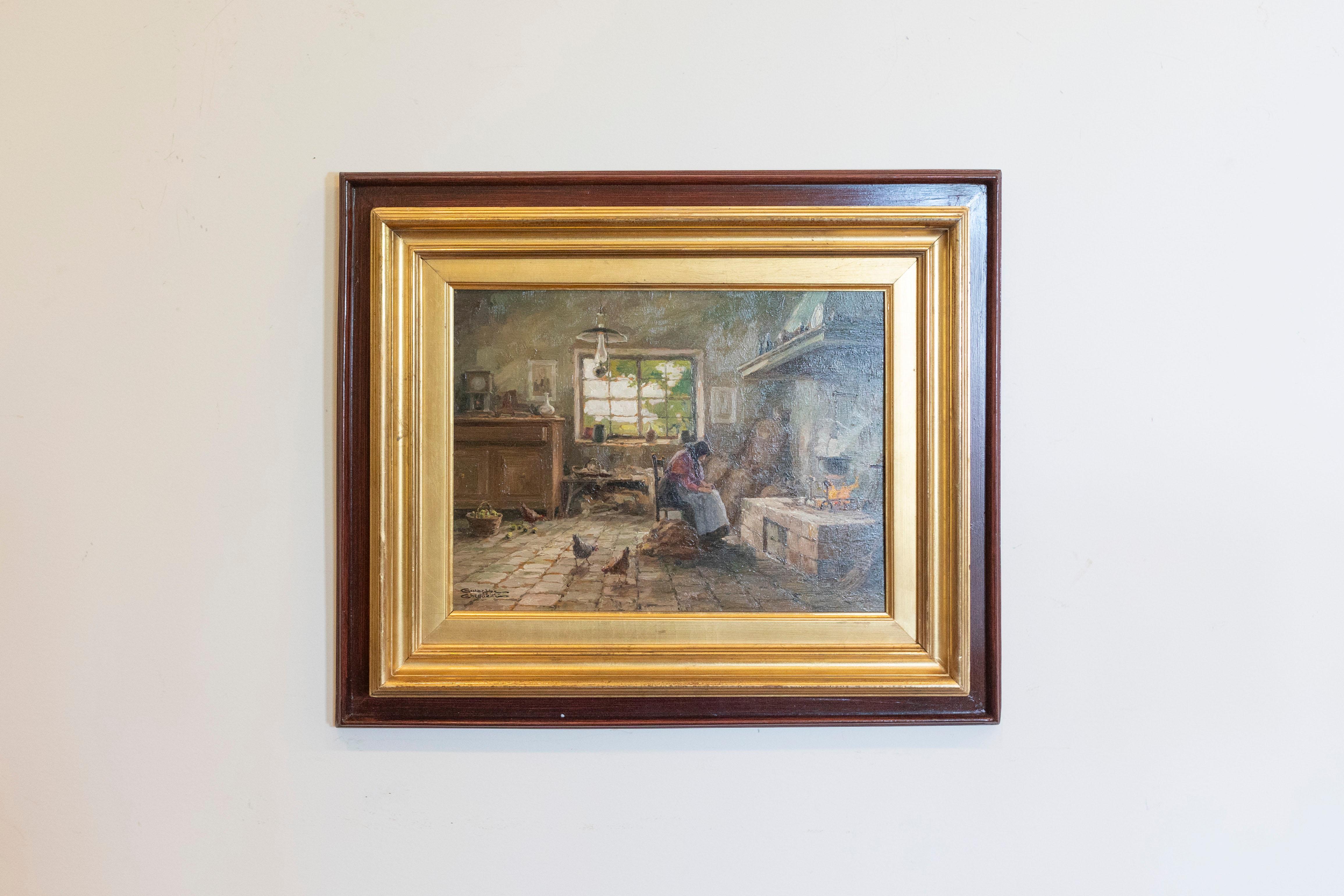 An Italian oil on panel painting from circa 1930, signed by Giuseppe Gheduzzi and depicting an interior with woman at the fireplace. This captivating Italian oil on panel painting from circa 1930, signed by Giuseppe Gheduzzi (1889-1957), portrays a