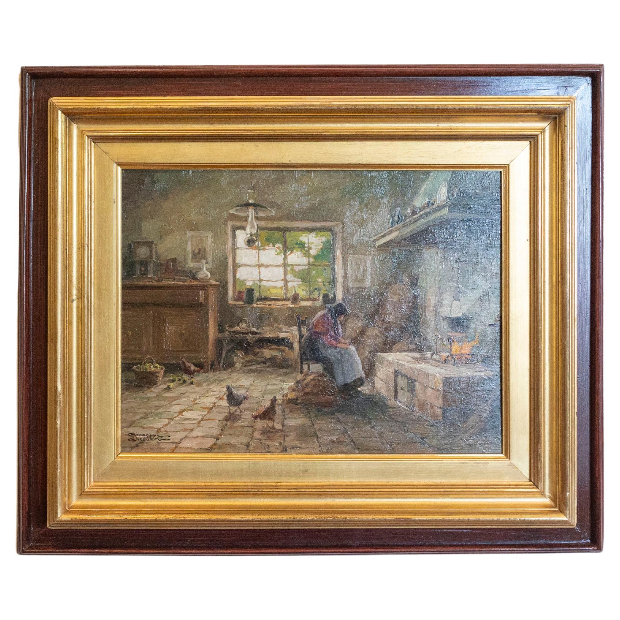 Italian Giuseppe Gheduzzi Oil on Panel Painting of Woman in Front of a Fireplace For Sale