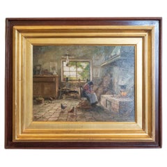 Italian Giuseppe Gheduzzi Oil on Panel Painting of Woman in Front of a Fireplace