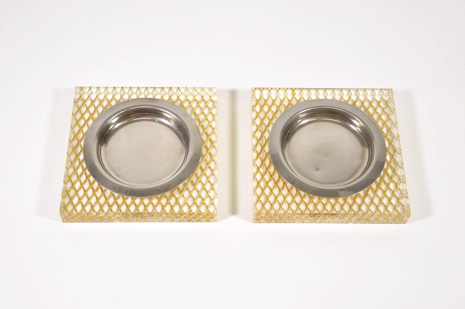 Hollywood Regency Italian Glam Lucite Brass and Steel Pair of Ashtrays, 1970s