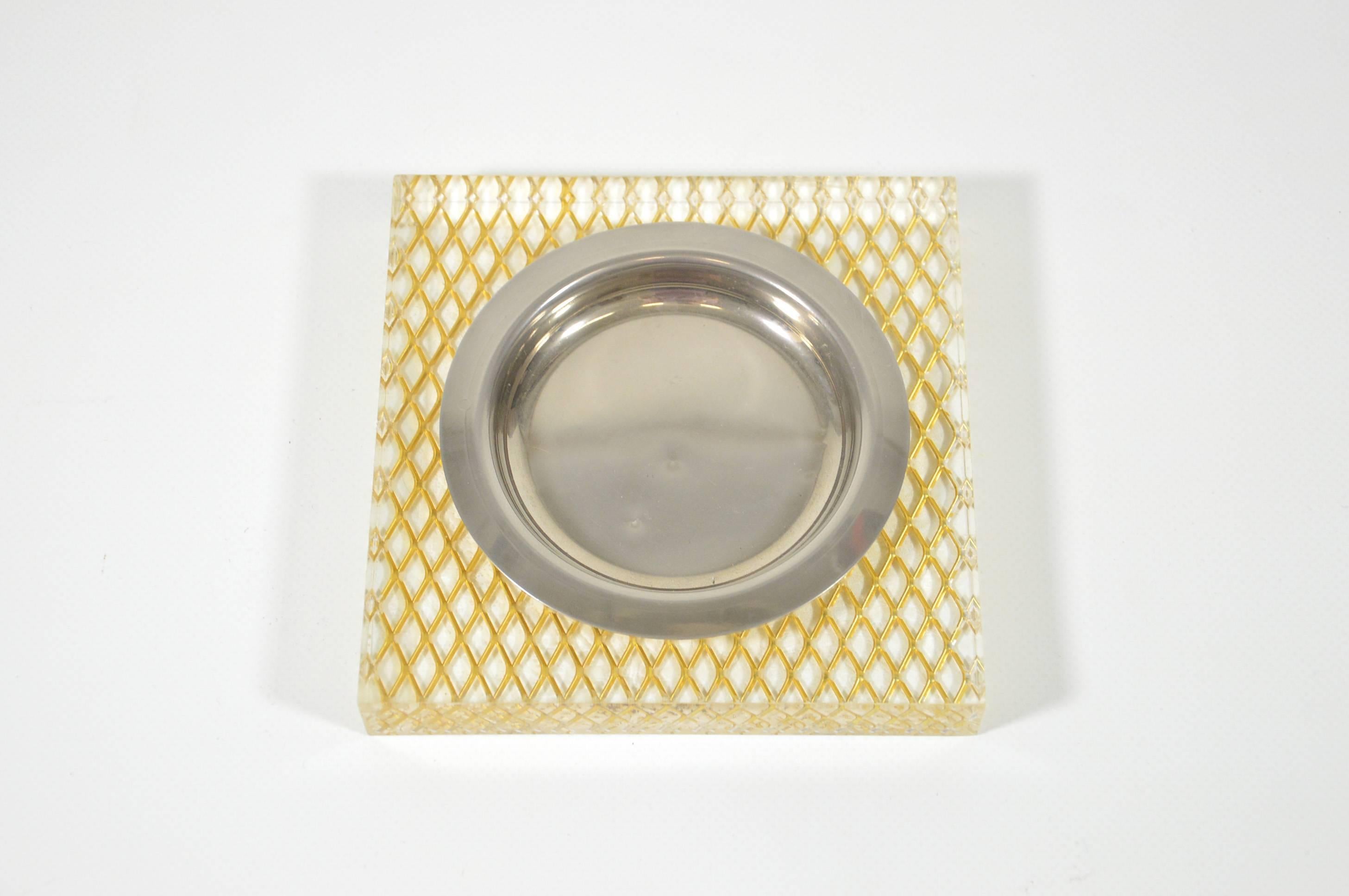 Cast Italian Glam Lucite Brass and Steel Pair of Ashtrays, 1970s