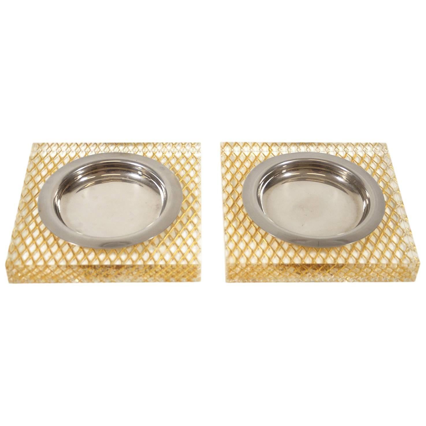 Italian Glam Lucite Brass and Steel Pair of Ashtrays, 1970s