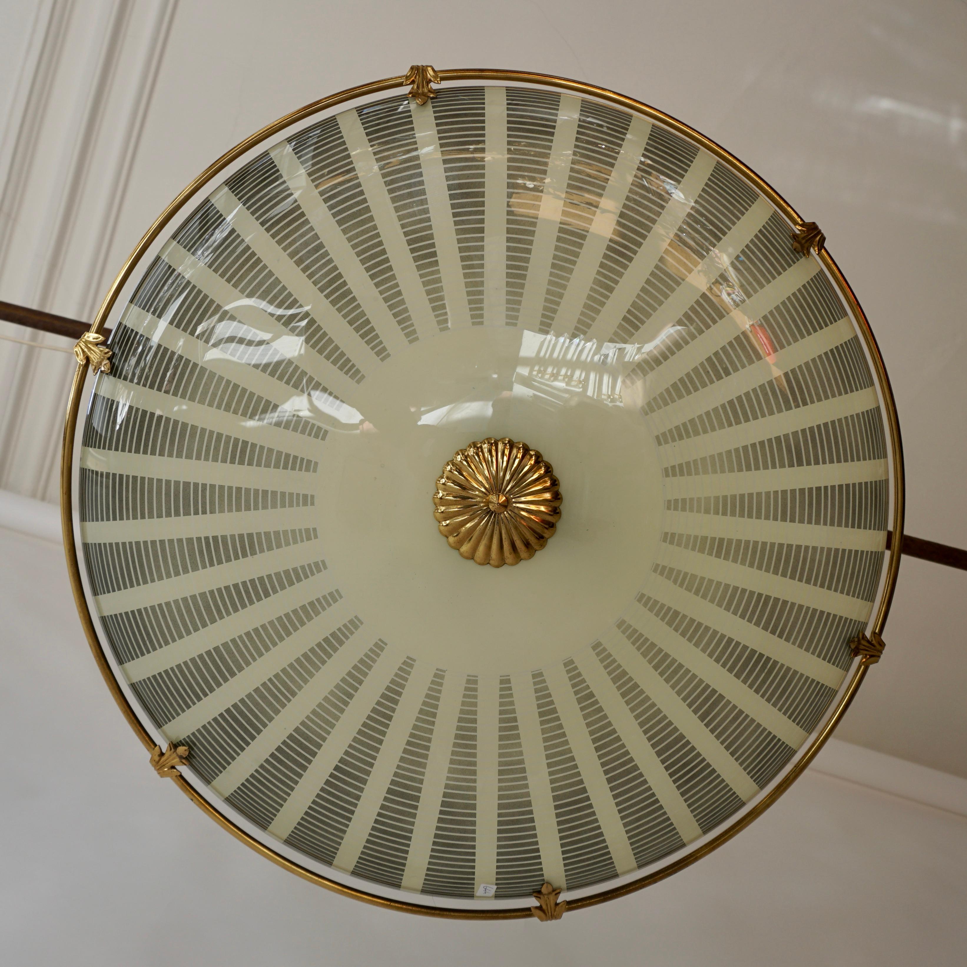 Mid-Century Modern Italian Glass and Brass Flush Mount Lamp