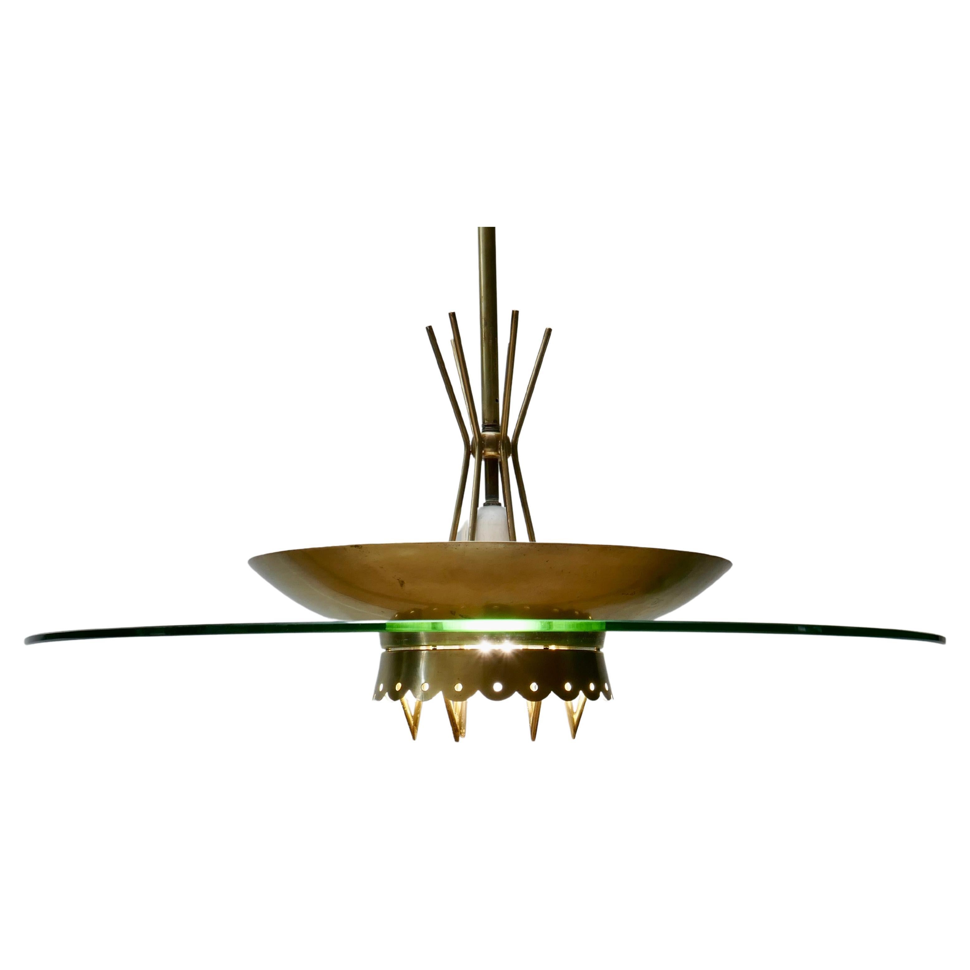 Mid-Century Modern Italian Glass and Brass Saucer Chandelier, 1950s For Sale