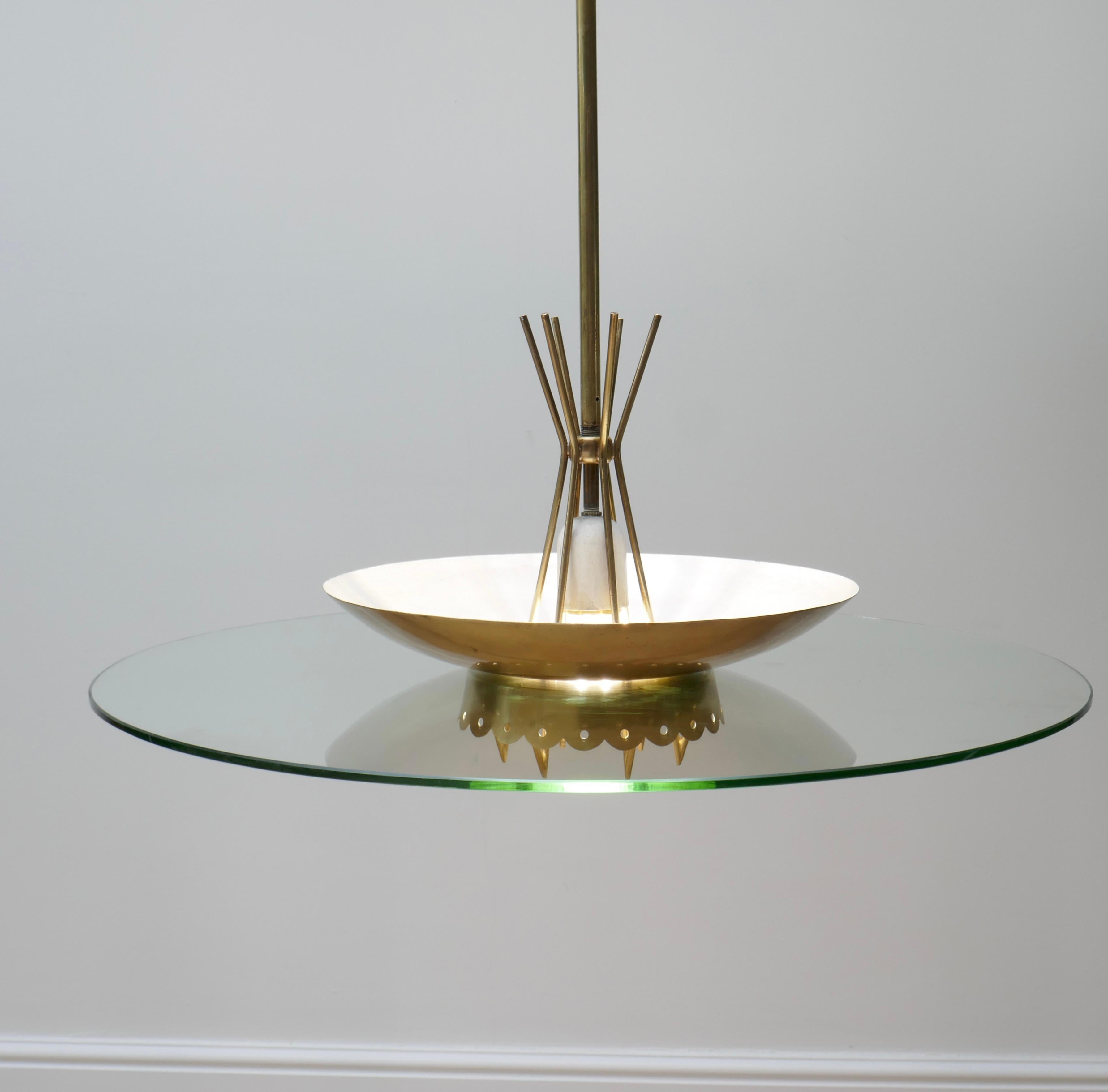 Italian Glass and Brass Saucer Chandelier, 1950s For Sale 1