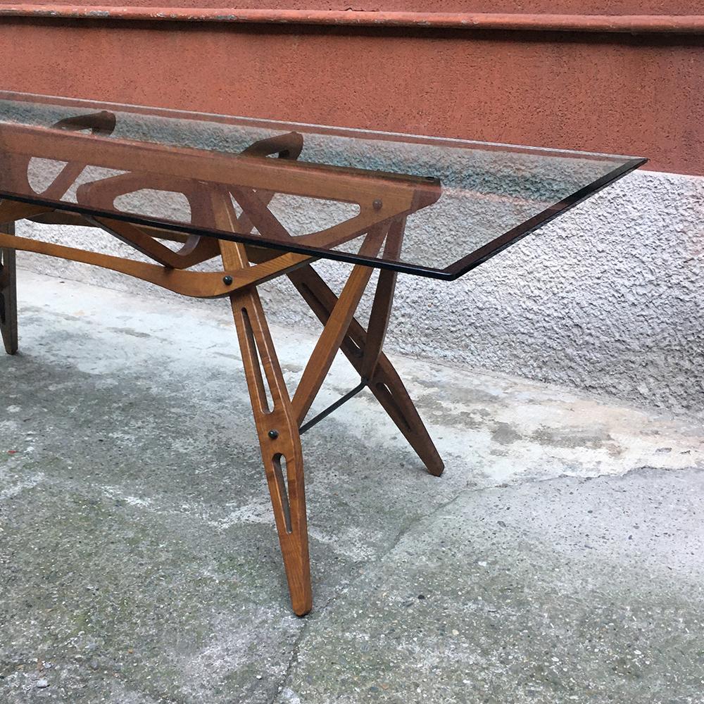 Mid-Century Modern Italian Glass and Oak Reale Table, after Carlo Mollino made by Zanotta, 1990s