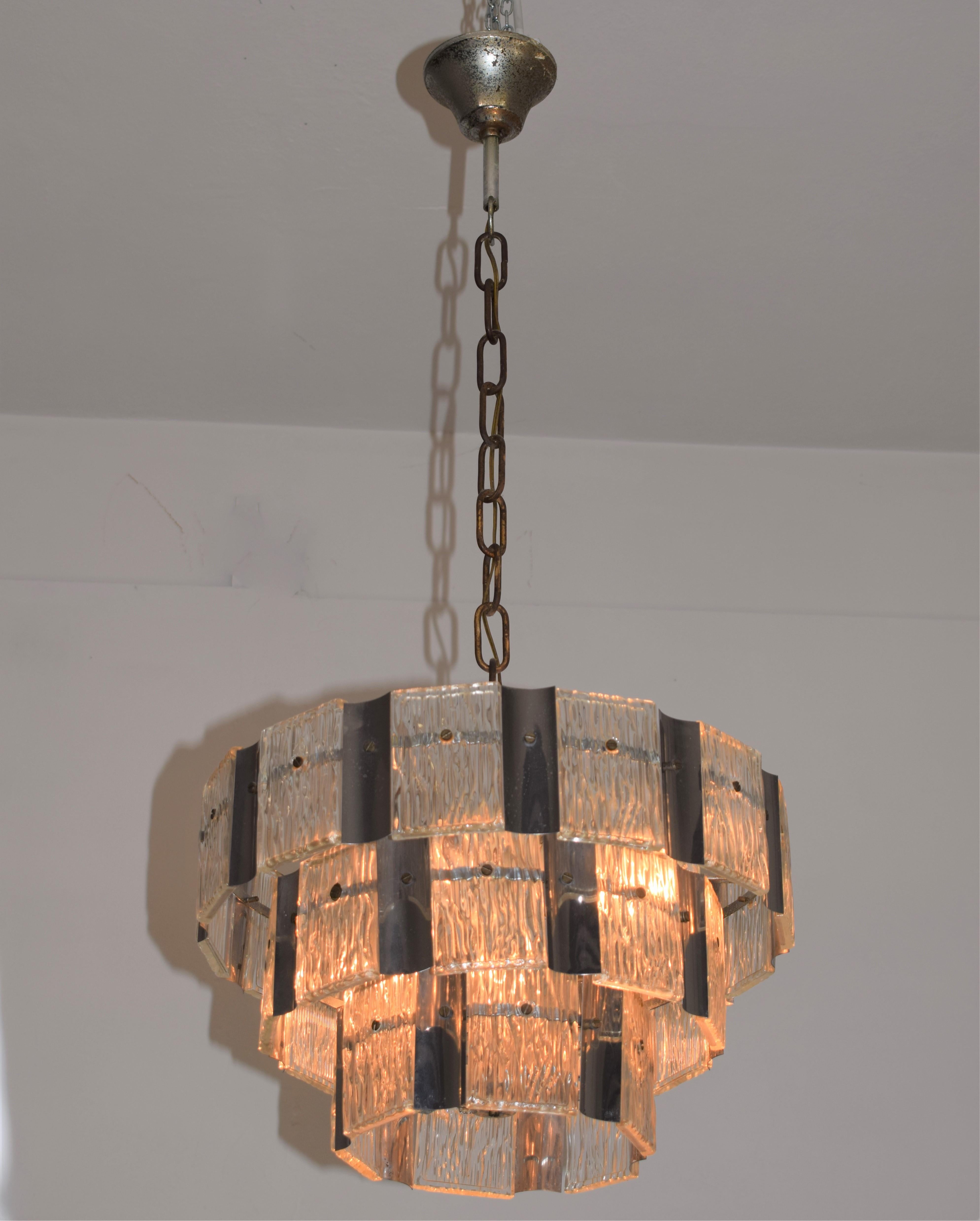 Mid-Century Modern Italian Glass and Steel Chandelier, 1970s For Sale