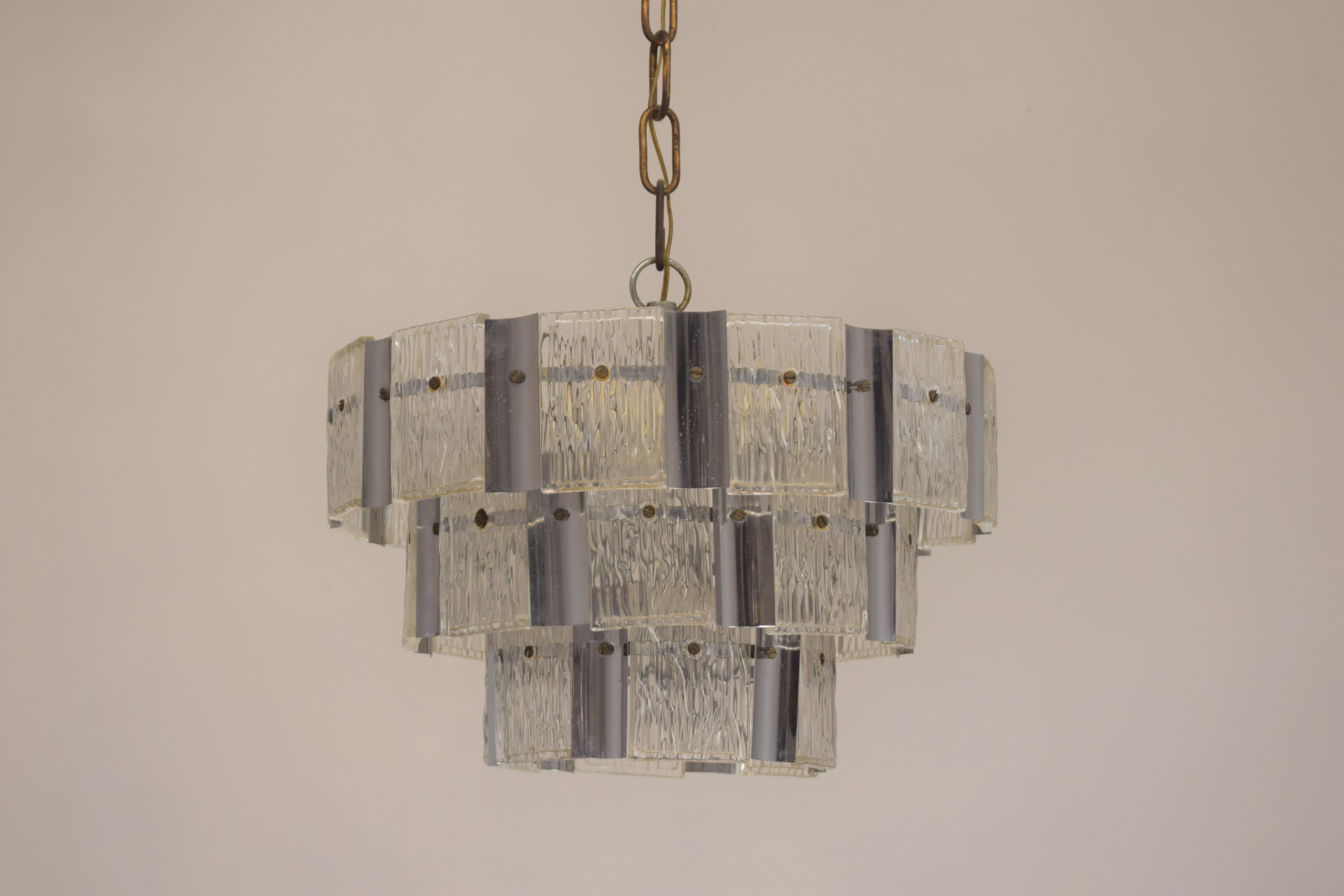 Italian Glass and Steel Chandelier, 1970s For Sale 1