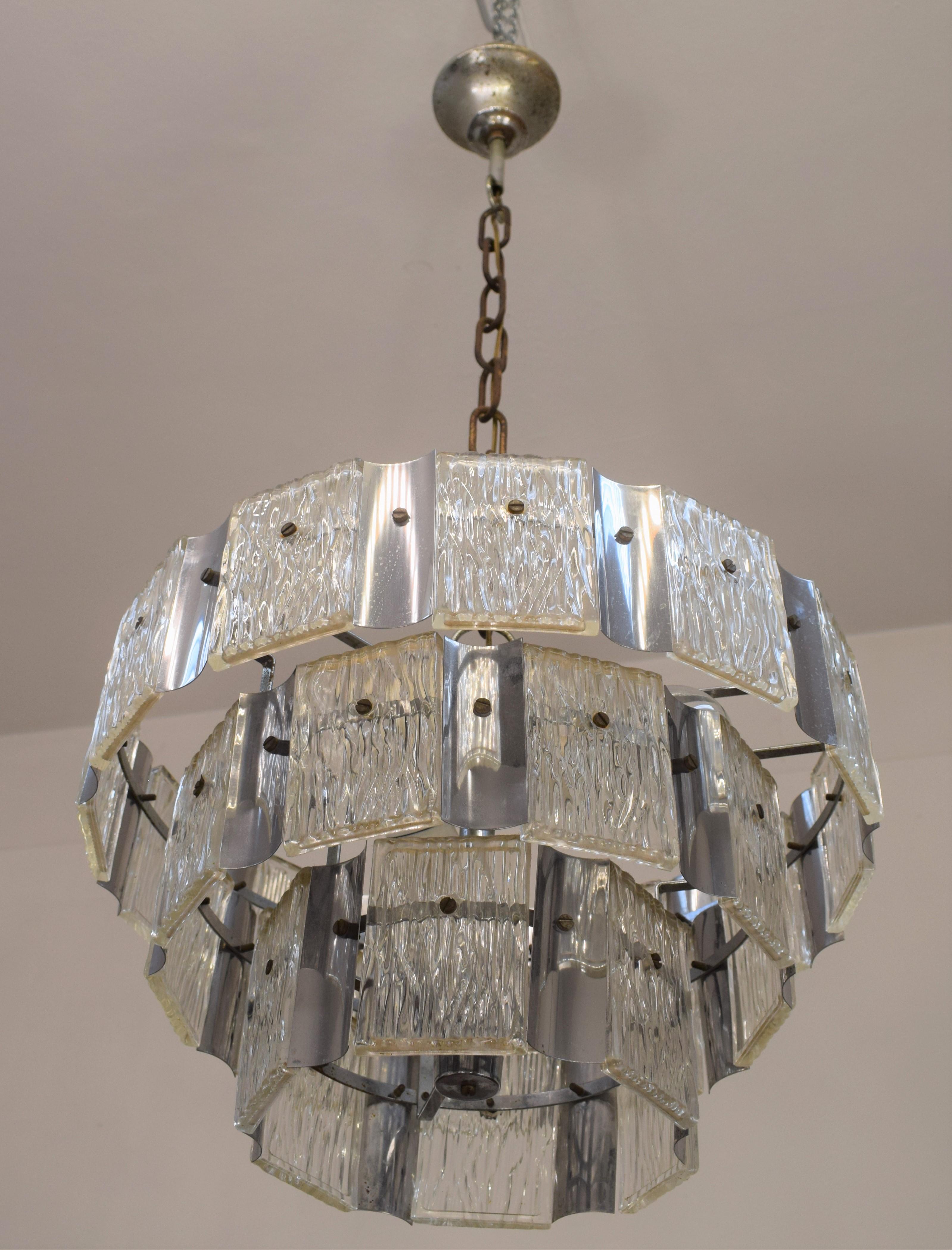 Italian Glass and Steel Chandelier, 1970s For Sale 4