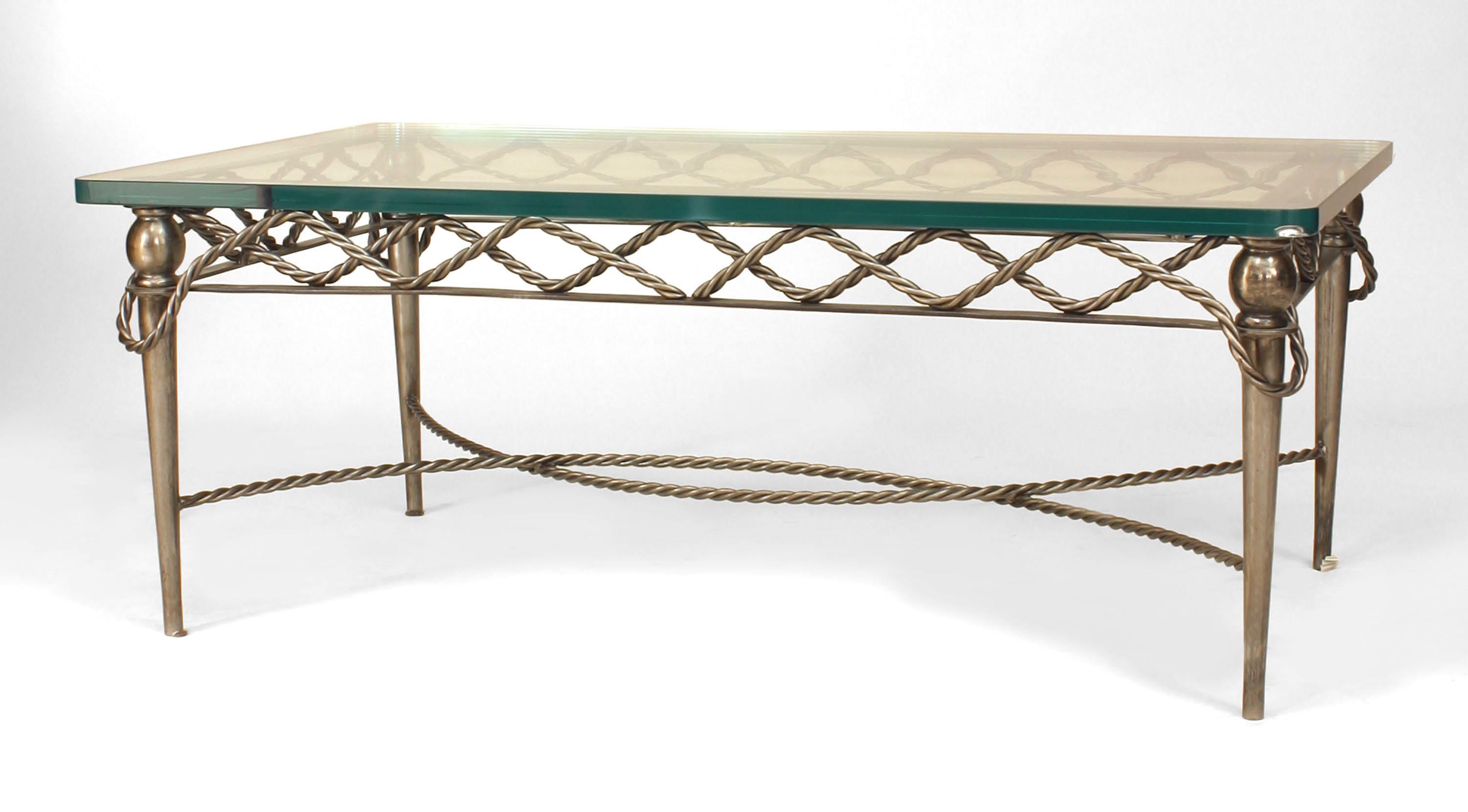 2 Italian Mid-Century Modern/1940s-style steel coffee tables with rope design frame and stretcher and one inch glass tops. (PRICED EACH).
 