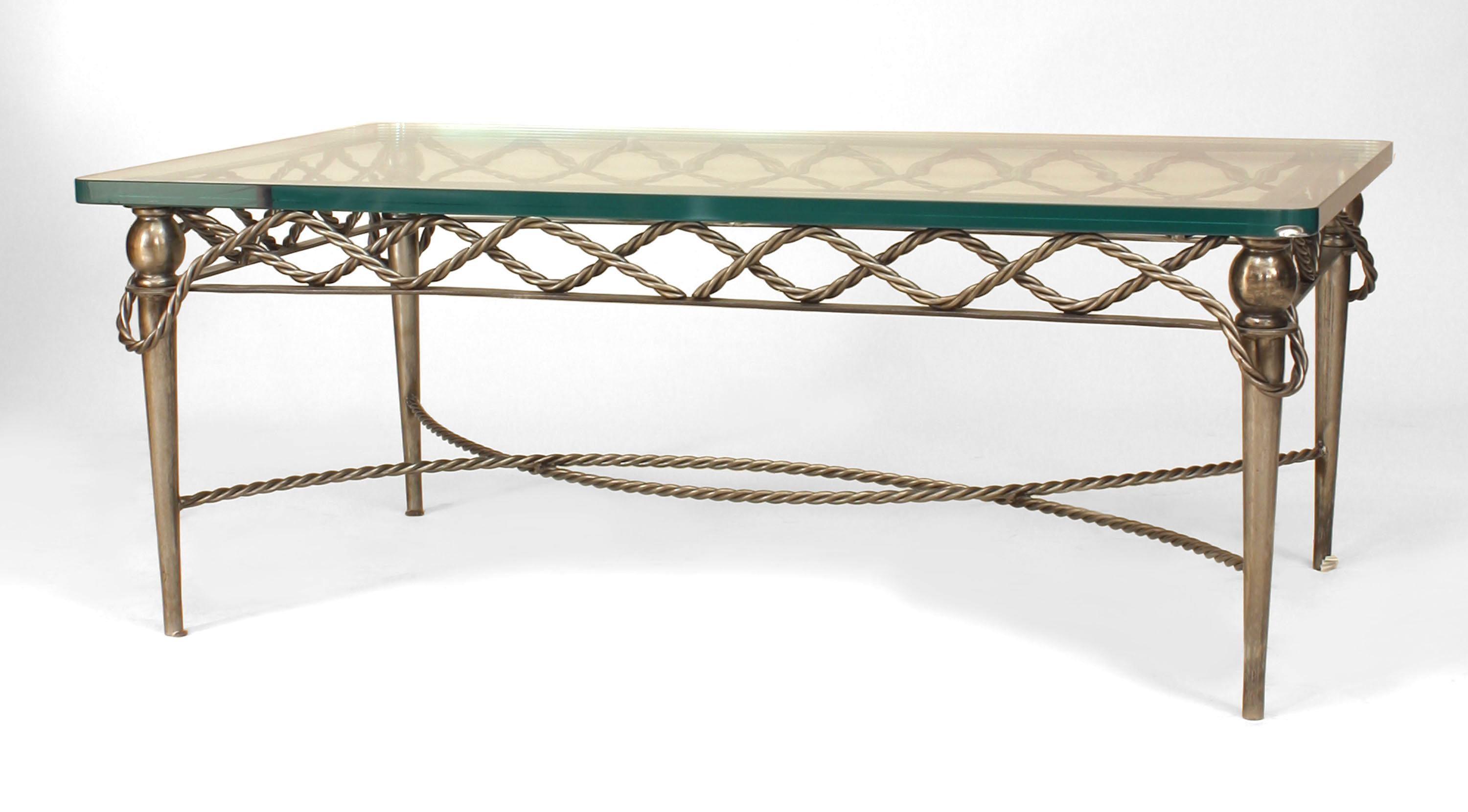 2 Italian Mid-Century Modern/1940s-style steel coffee tables with rope design frame and stretcher and one inch glass tops. (PRICED EACH)

Some damage to glass tops.