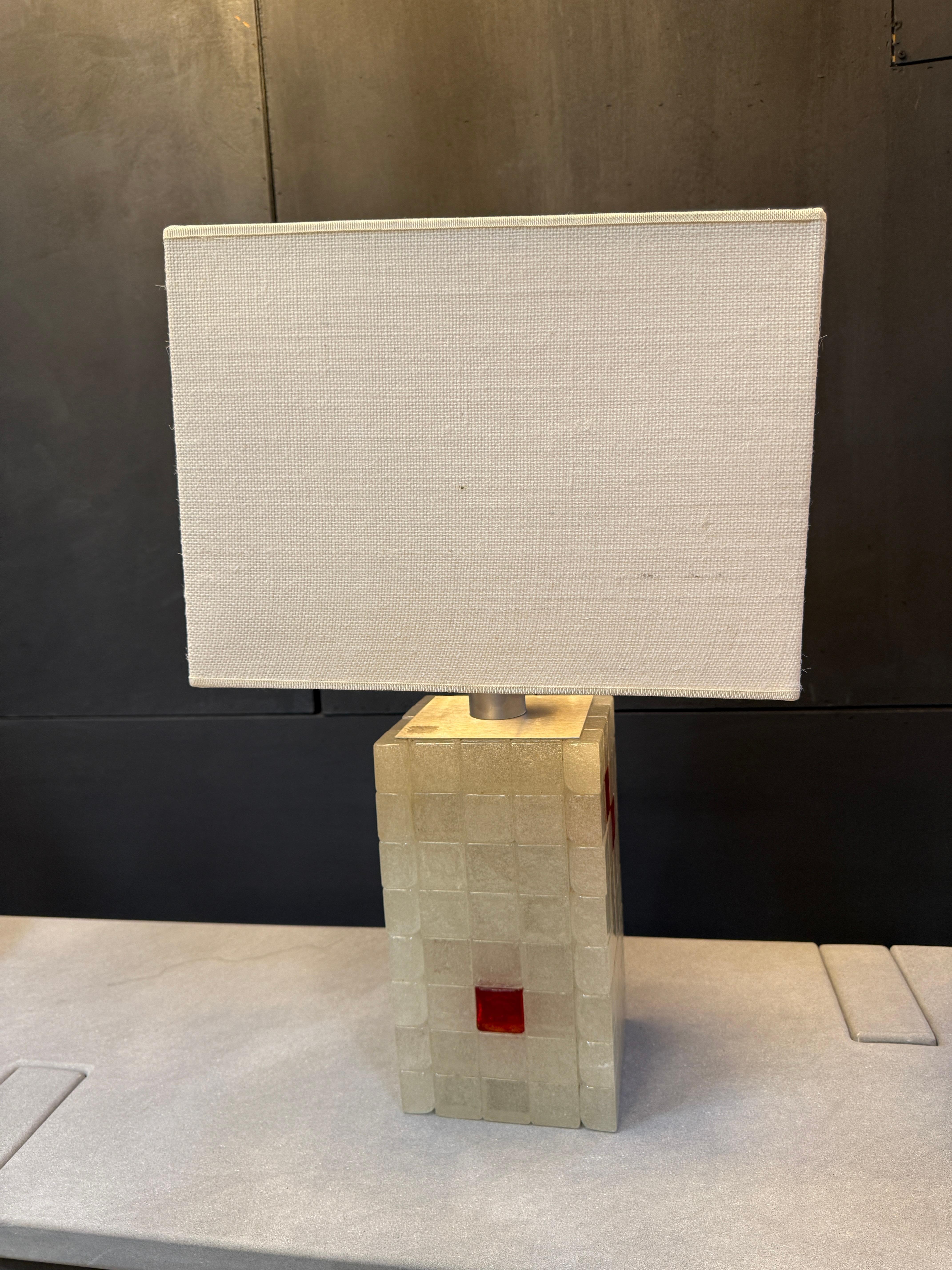 Modern Italian Glass Block Table Lamp with Red Accents, 1970s For Sale