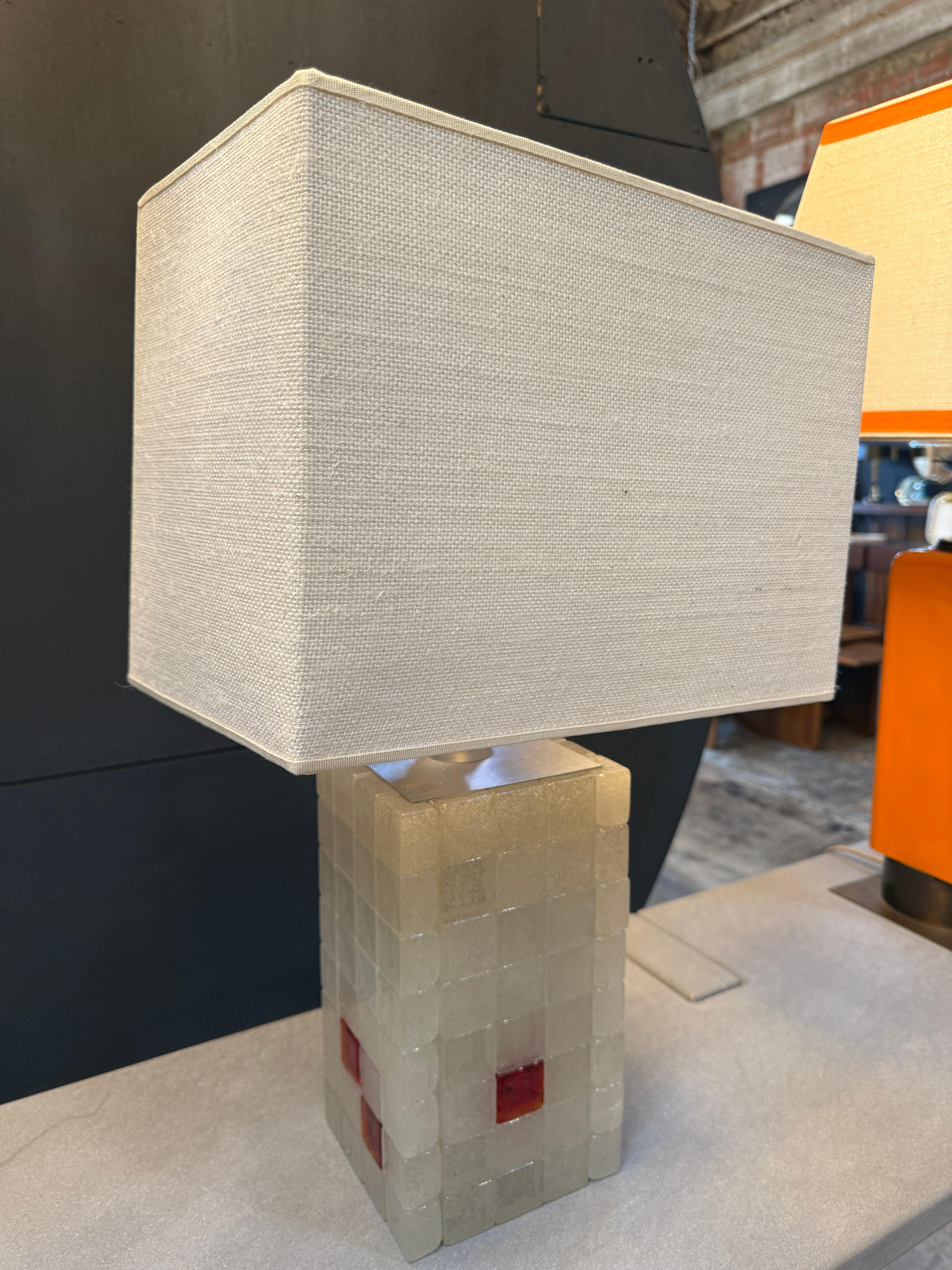 Italian Glass Block Table Lamp with Red Accents, 1970s In Good Condition For Sale In Los Angeles, CA