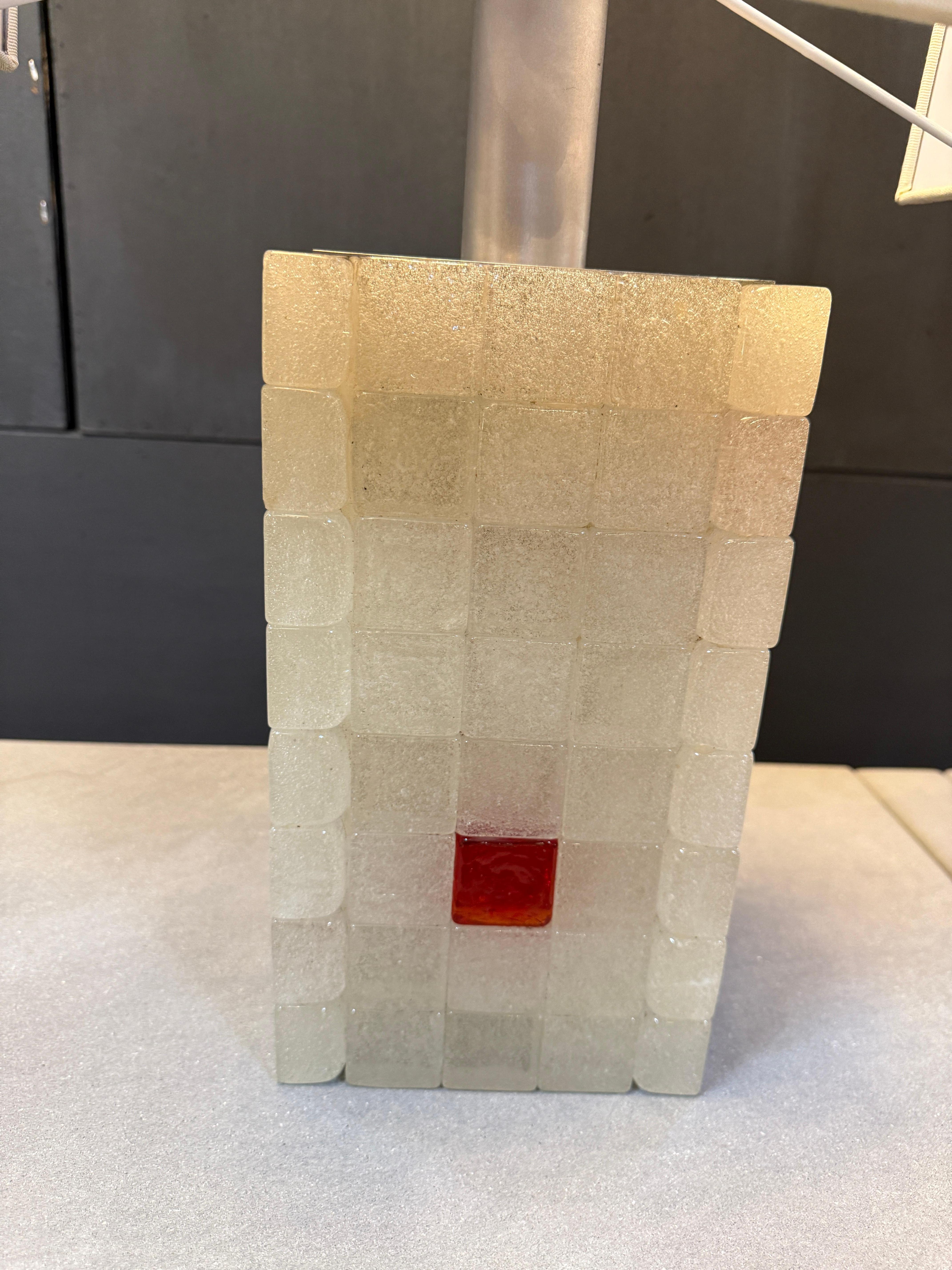 Late 20th Century Italian Glass Block Table Lamp with Red Accents, 1970s For Sale