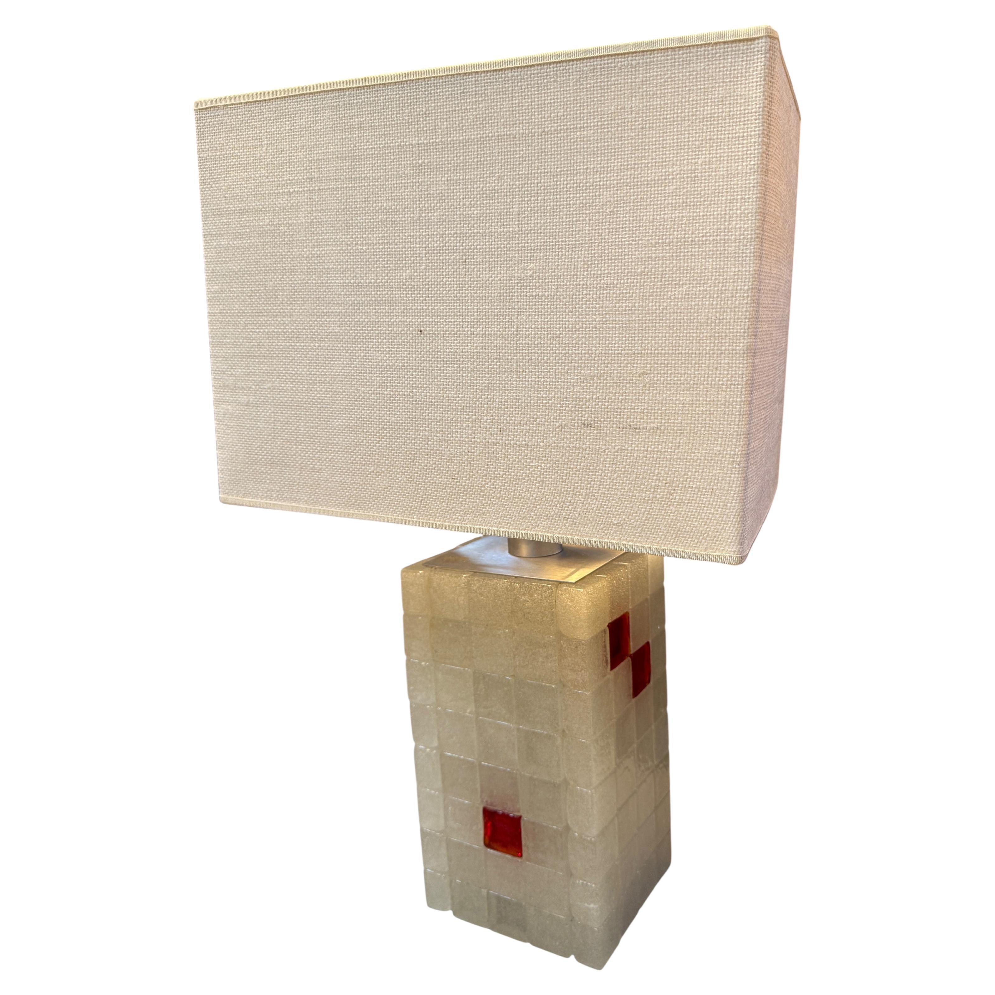 Italian Glass Block Table Lamp with Red Accents, 1970s