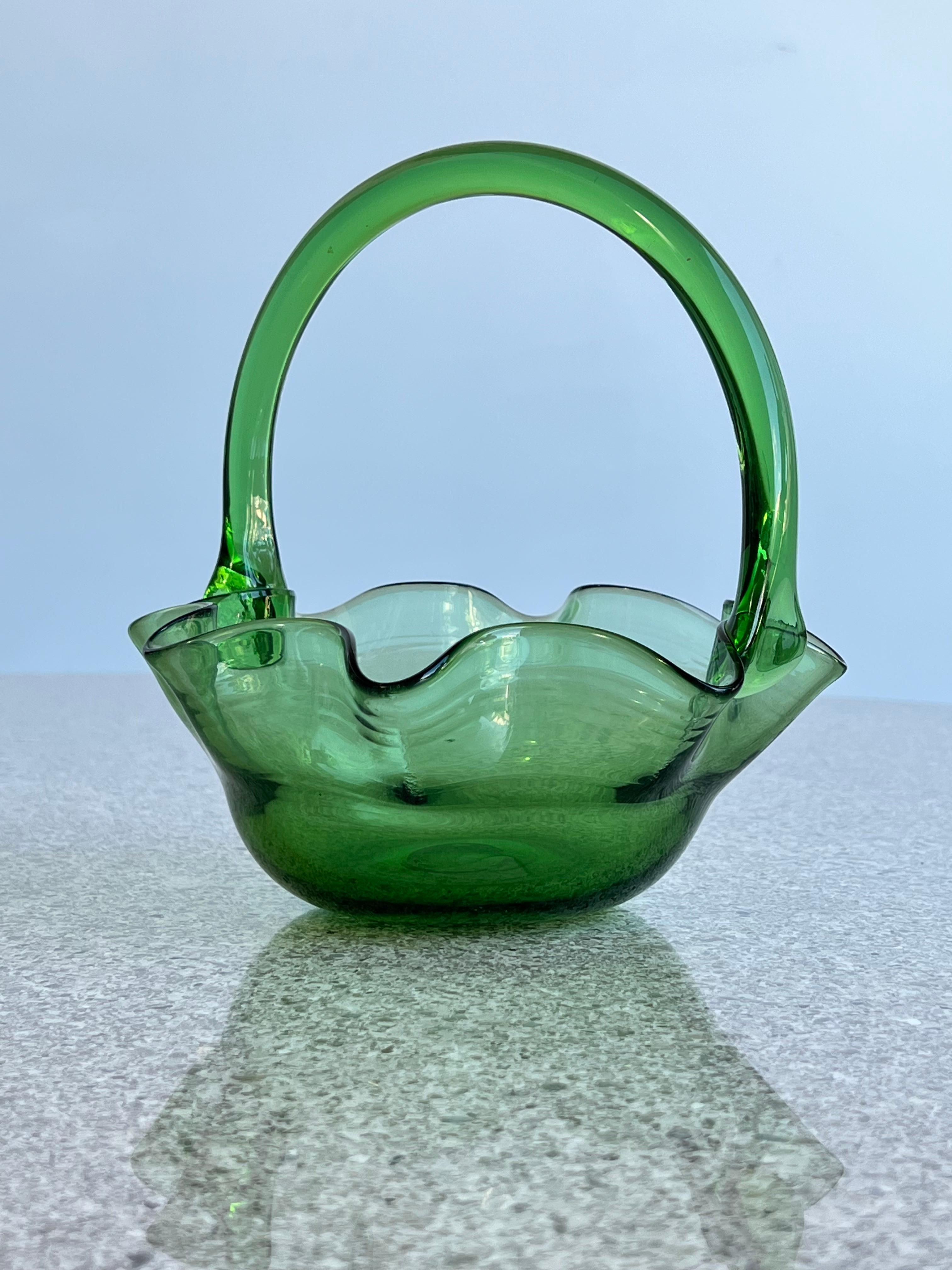 vintage green glass basket with handle