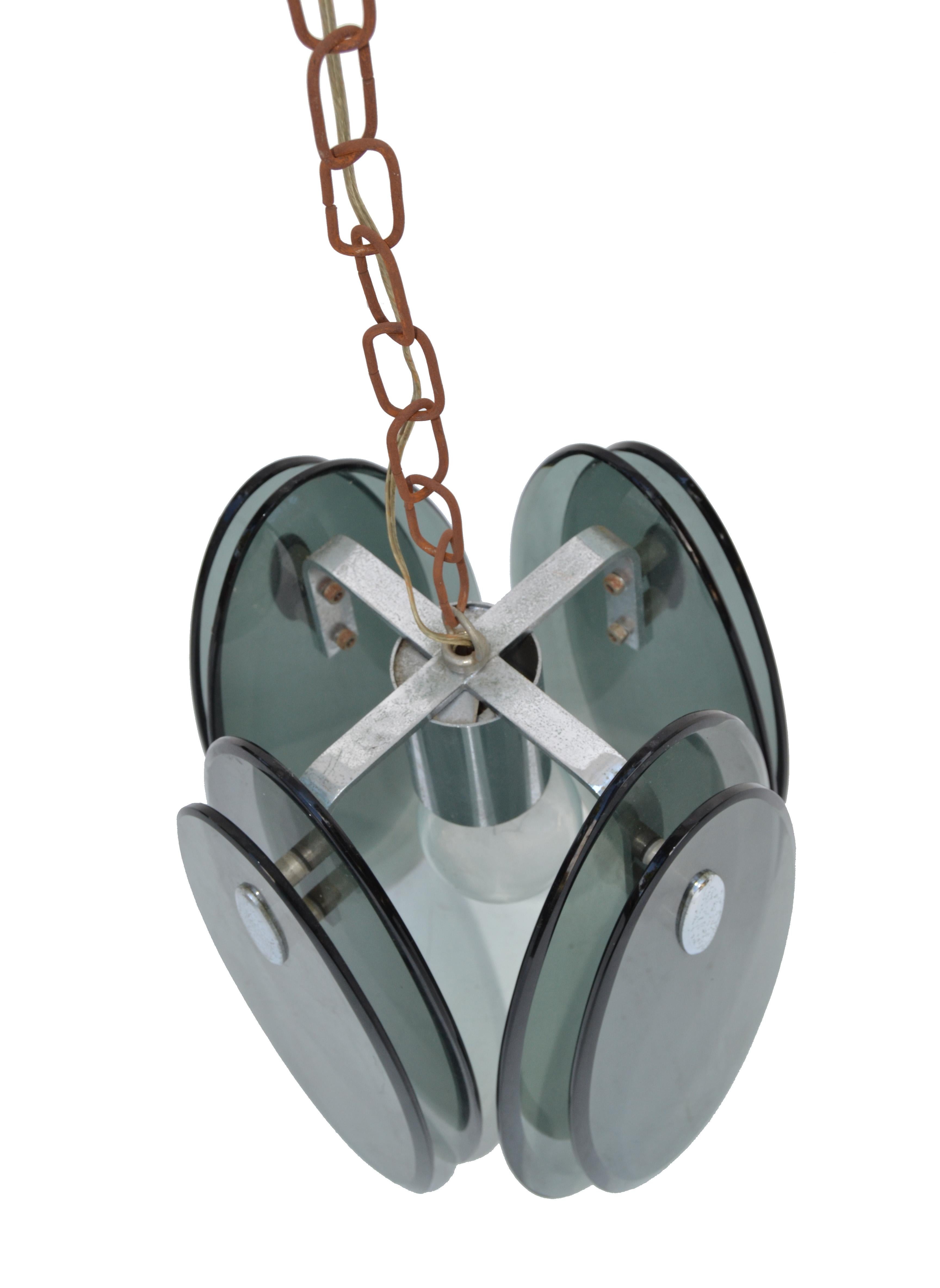 Mid-20th Century Fontana Arte Mid-Century Modern Beveled Glass & Chrome Pendant Light Fixture For Sale