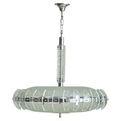 Italian Glass + Chrome Chandelier in the Manner of Fontana Arte, 1960s