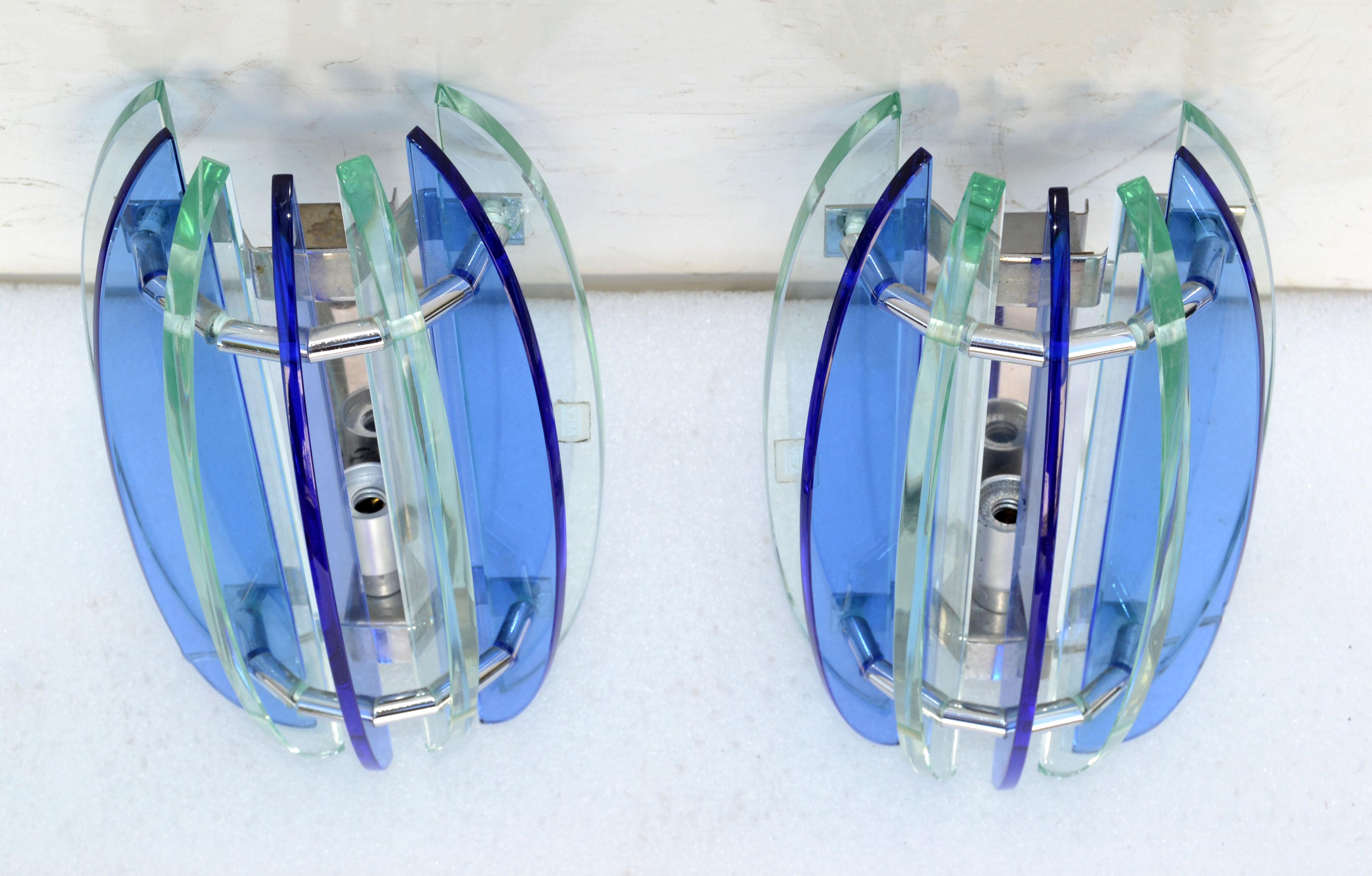 Italian Glass & Chrome Sconces by Veca Blue & Clear Mid-Century Modern, Pair For Sale 6
