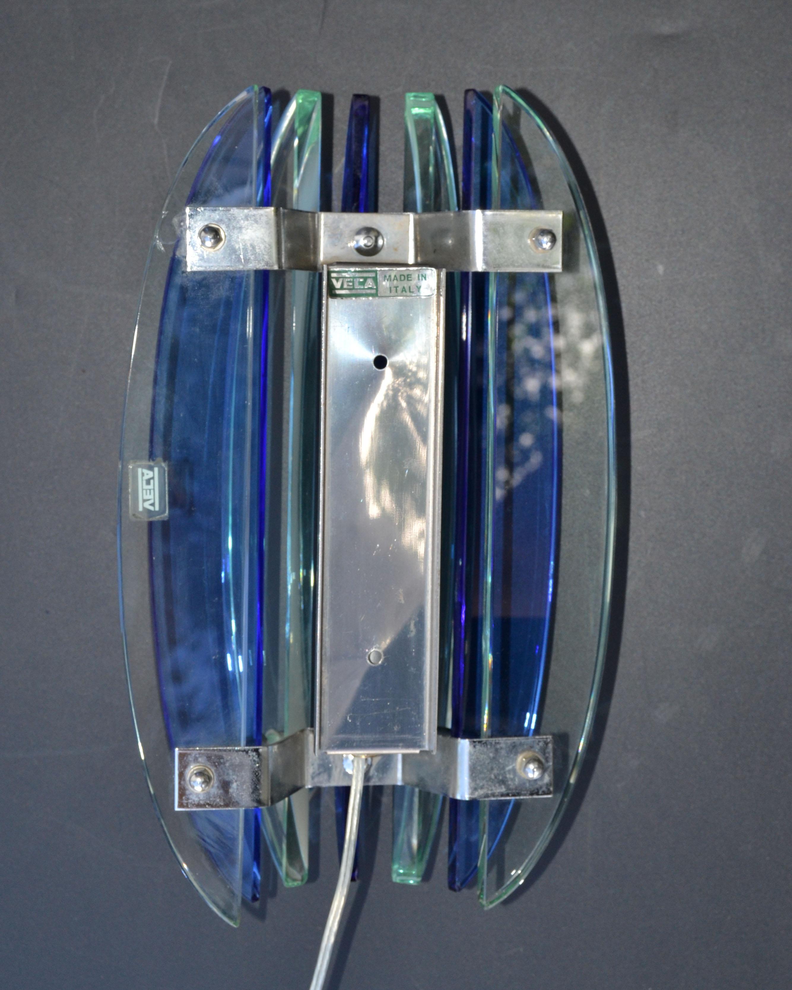 Italian Glass & Chrome Sconces by Veca Blue & Clear Mid-Century Modern, Pair For Sale 7